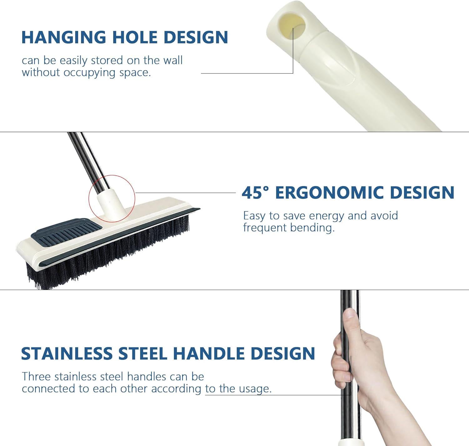 Brosse à récurer pour sol avec long manche et raclette intégrée, brosse 2 en 1 – Mât en acier réglable de 108 cm pour salle de bain, terrasse - 5