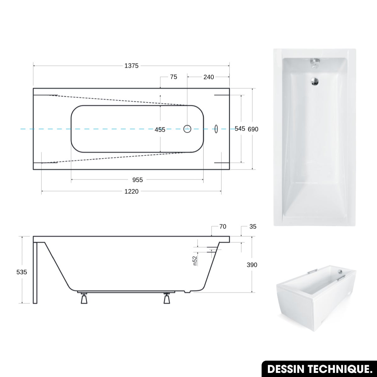 Baignoire rectangulaire de 140 x 70 cm - avec Tablier Blanc et Repose Tête OFFERT - MODERN - 3