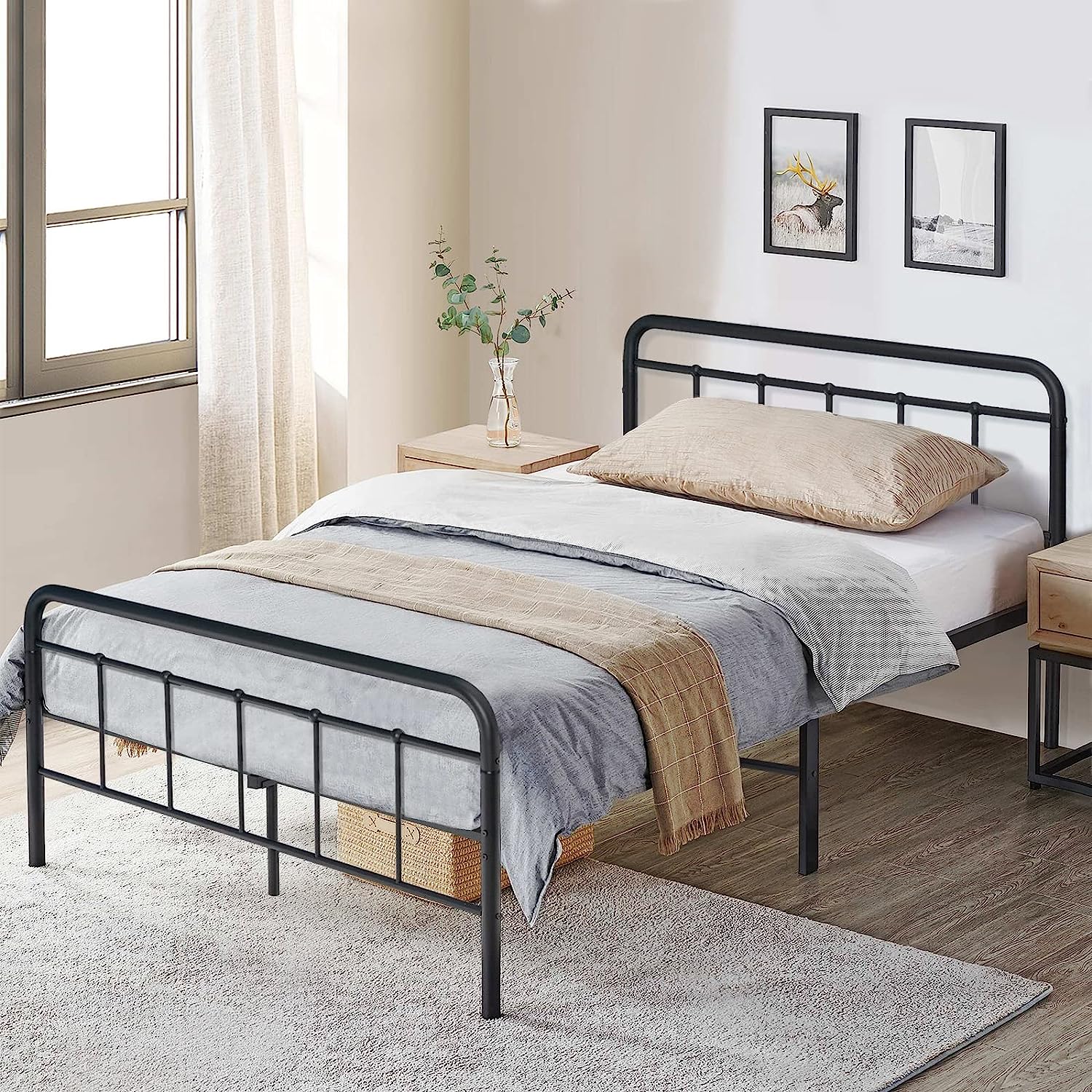 Struttura Letto Matrimoniale Con LED E Testiera Imbottita – Design Vittoriano In Metallo Nero, Doghe Incluse, Twin