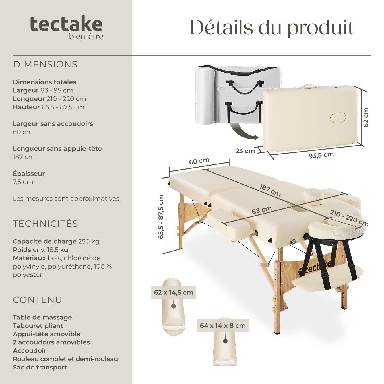 Table de massage 2 zones en bois et cuir synthétique pliable et réglable en hauteur TECTAKE - 6