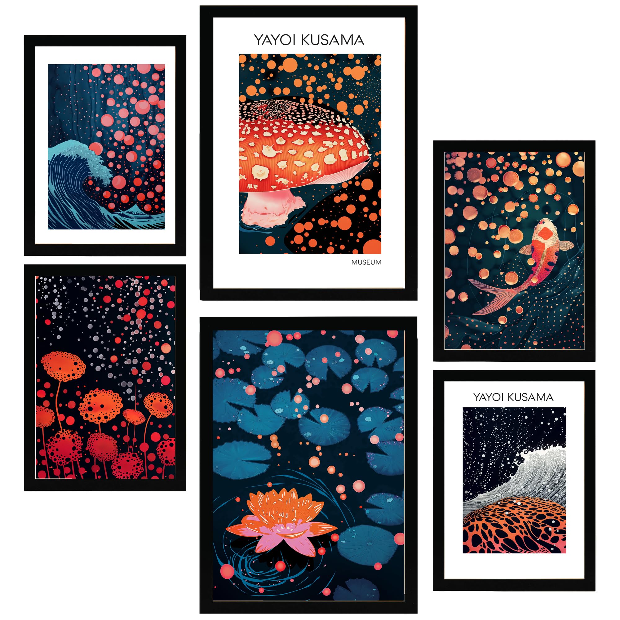 Set de 6 yayoi kusama champiñón ola colores oscuros japonés cuadros con ilustración de diseño para decorar. tienda. a3 y a4. marco negro