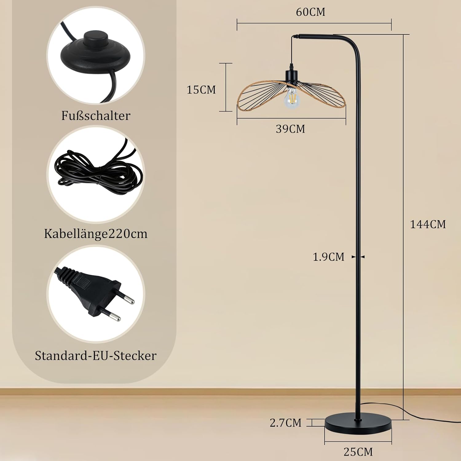 Nettlife Lampa Podłogowa Łukowa Vintage Czarna, Metal E27, Industrialna, Włącznik Nożny, Salon (Brak żarówki) - 3