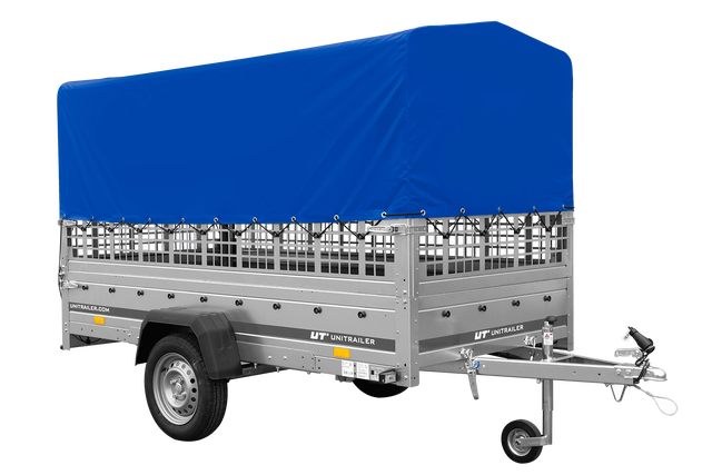 Przyczepka samochodowa Unitrailer na resorach 264x125 GARDEN 264/R KIPP z burtami siatkowymi, stelażem H-800 i pokrowcem 1 szt.