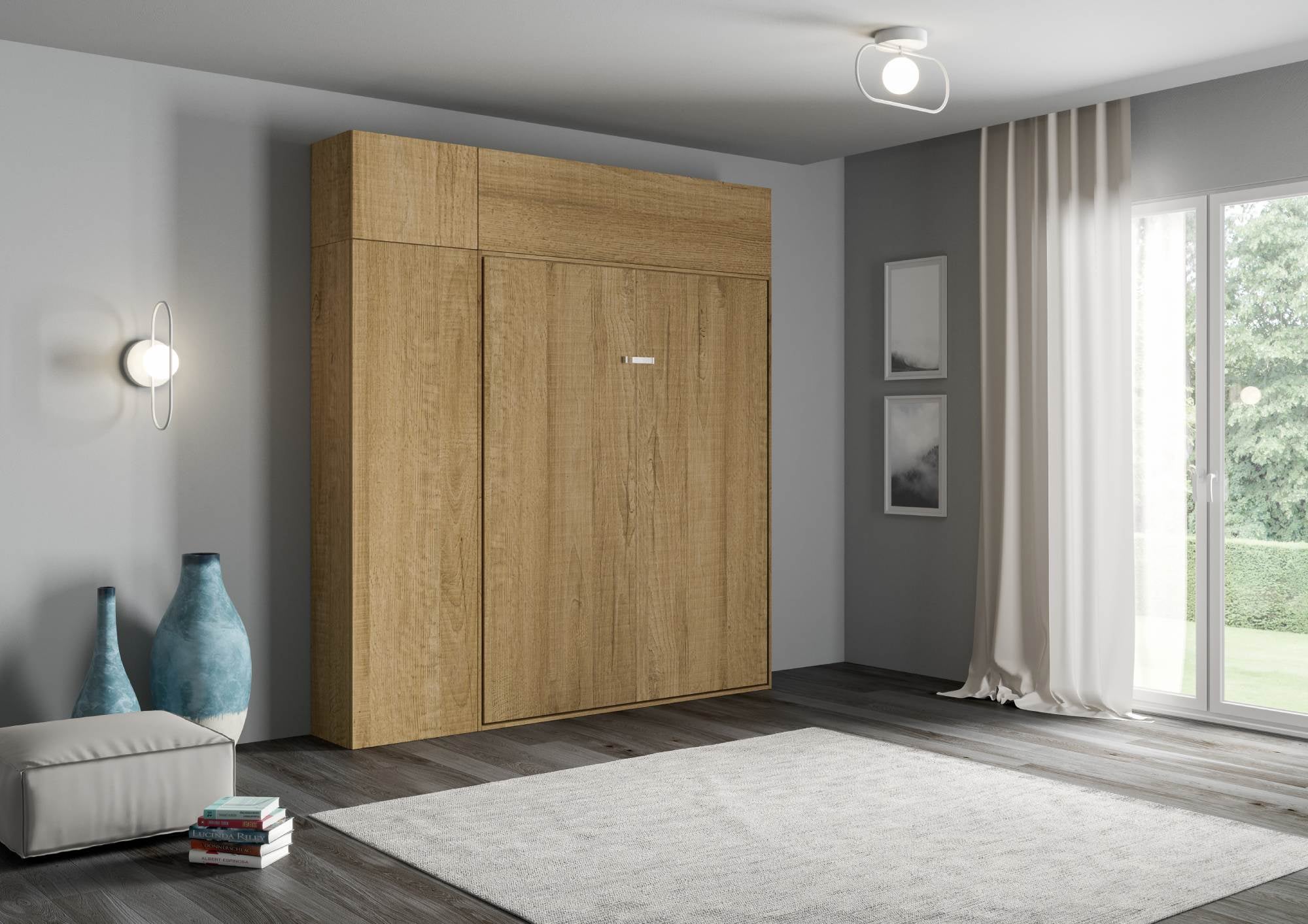 Łóżko podwójne Kentaro Oak Nature z kolumną - szafka ścienna vasistas - szafka ścienna nad kolumną