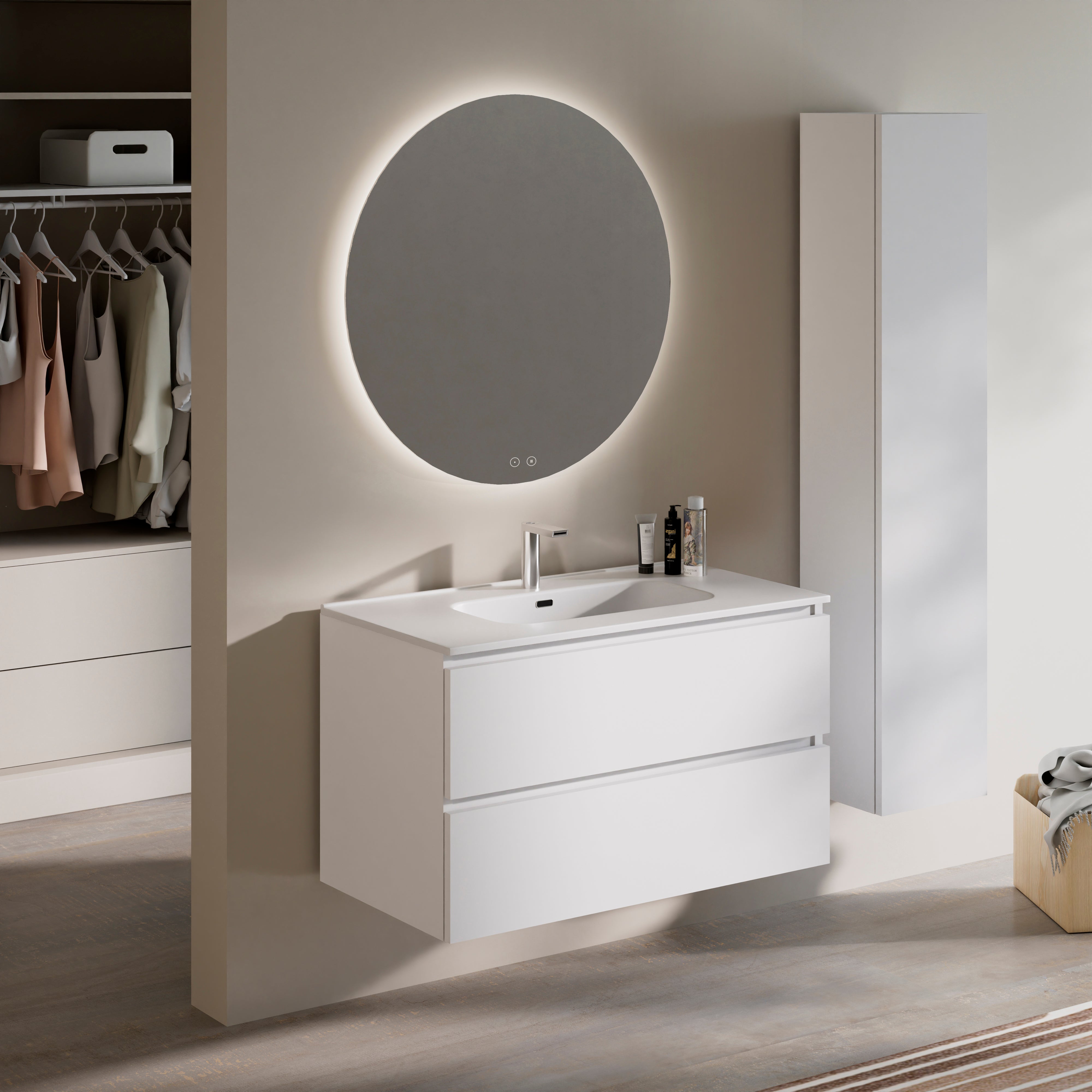 Feel Your Bath, Meuble de Salle de Bain PANTER Blanc 100 cm, 2 Tiroirs, Vasque Céramique Intégrée et Miroir Rond LED - 2