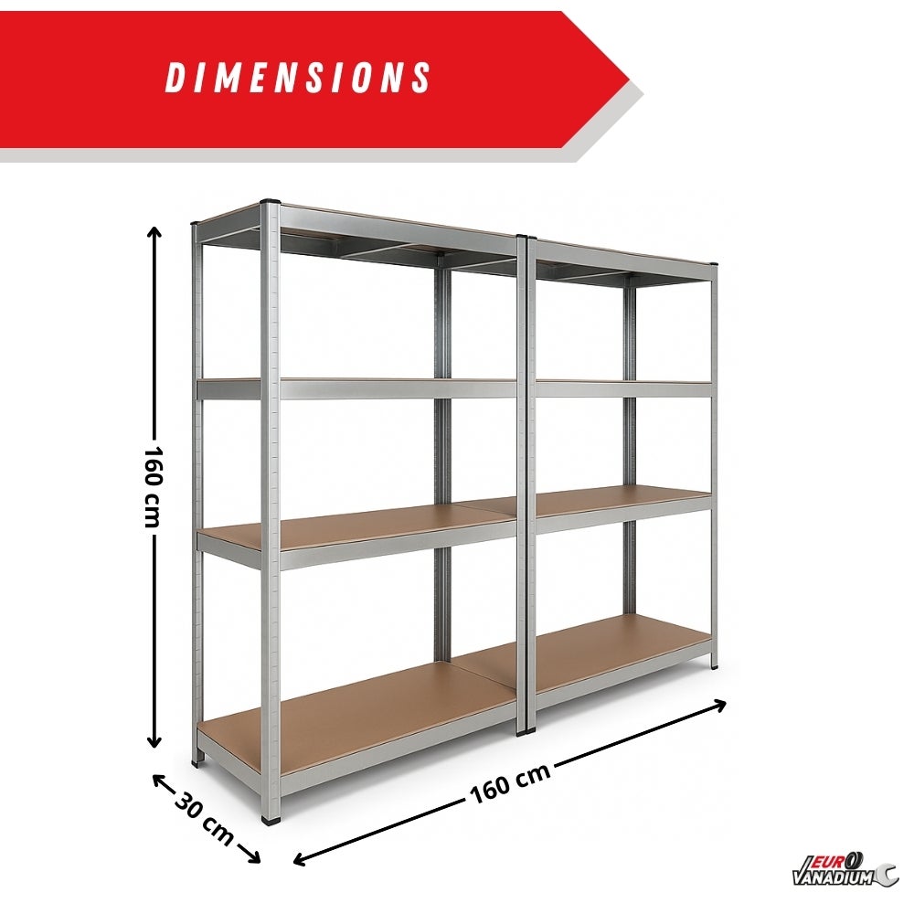 Double Étagère charges lourde 160 x 80 cm - 640 kg - 8 plateaux - Acier galvanisé - 30 cm - Gris - 4