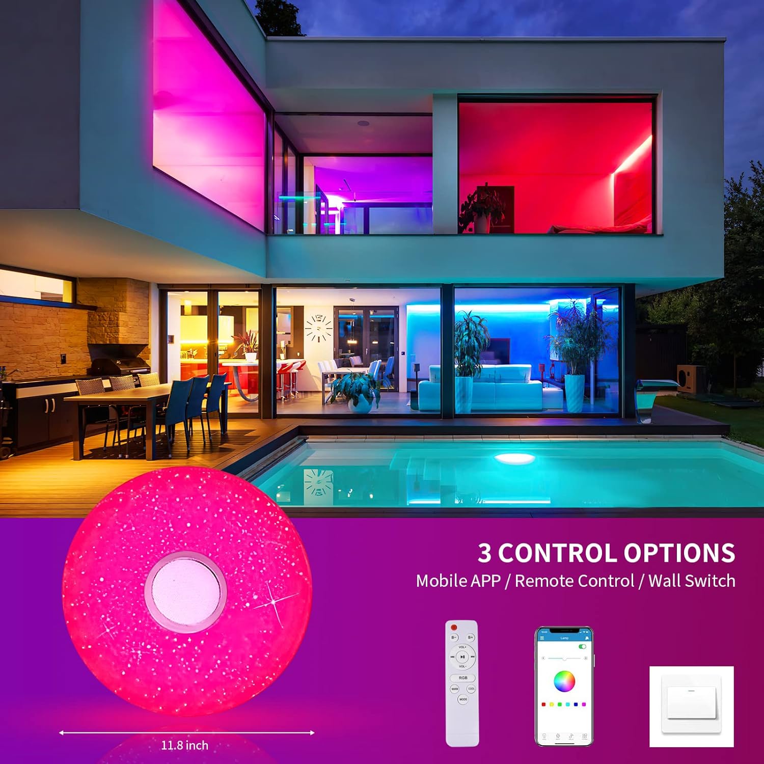 Plafonnier LED 36W avec haut-parleur Bluetooth, installation encastrée LED RGB, télécommande intelligente pour le changement de couleur.30cm - 2