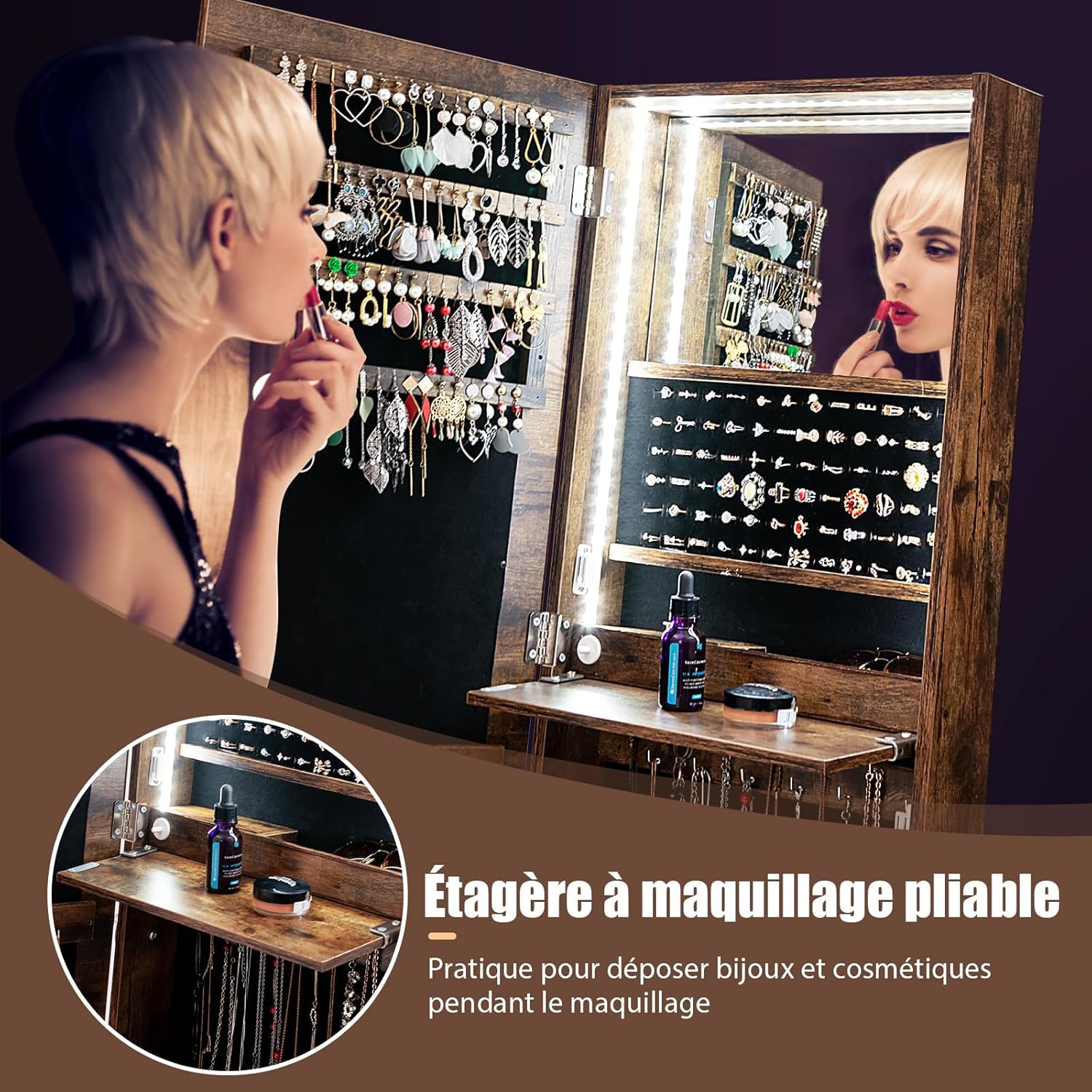 Armoire à Bijoux avec Miroir Pleine Longueur,Organisateur de Bijoux avec Miroir & Lumières LED Intégrées,Étagère de Maquillage Pliable(Marron) - 6