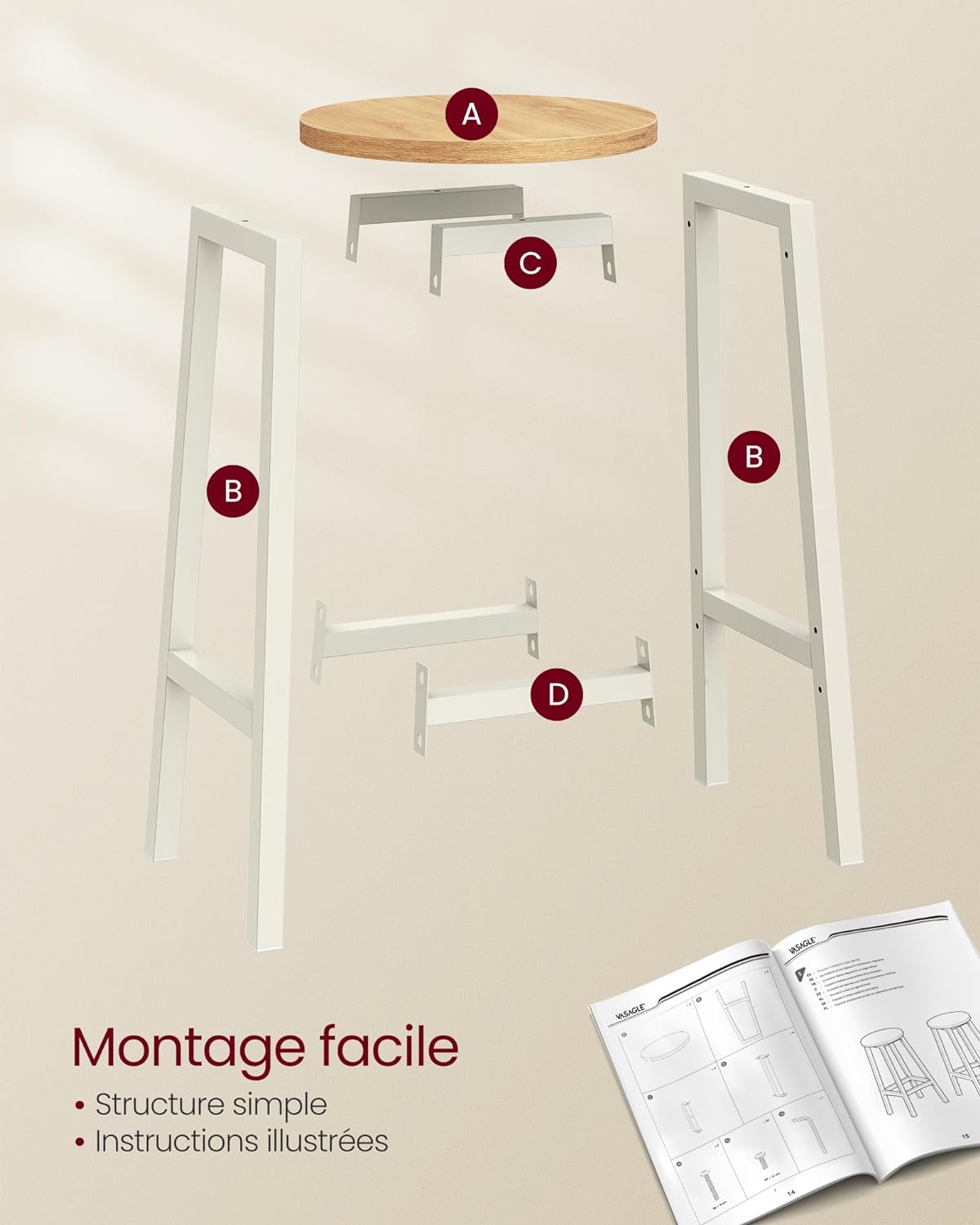Tabouret de Bar, Lot de 4, Chaise de Cuisine, Siège Haut, pour Cuisine, Salle à Manger, Blanc - 5
