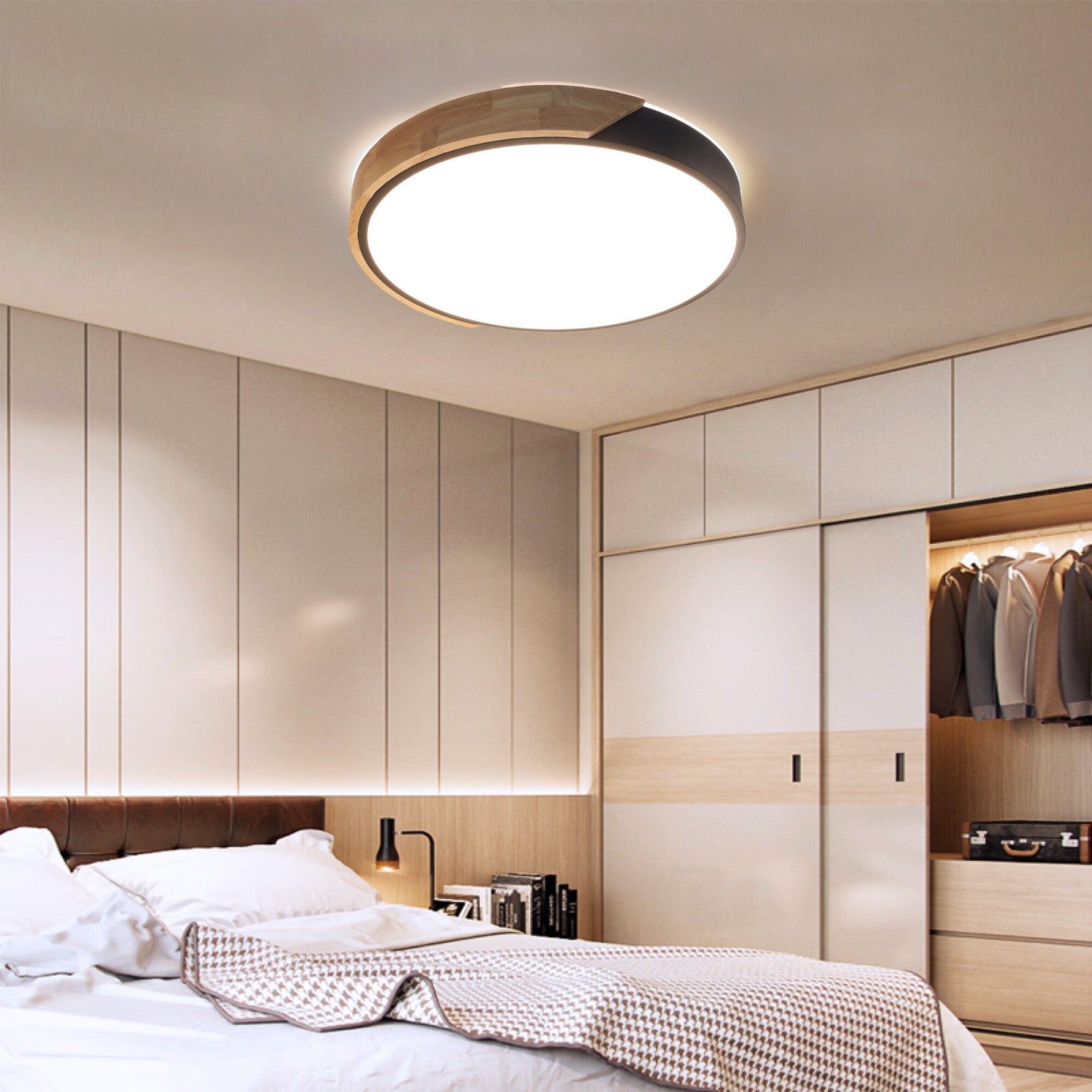 Plafonnier LED Circulaire Ø40cm, 30W, 3000LM, Métal Noir et Bois, Lumière Sélectionnable (3000K-4000K-6000K) - 8