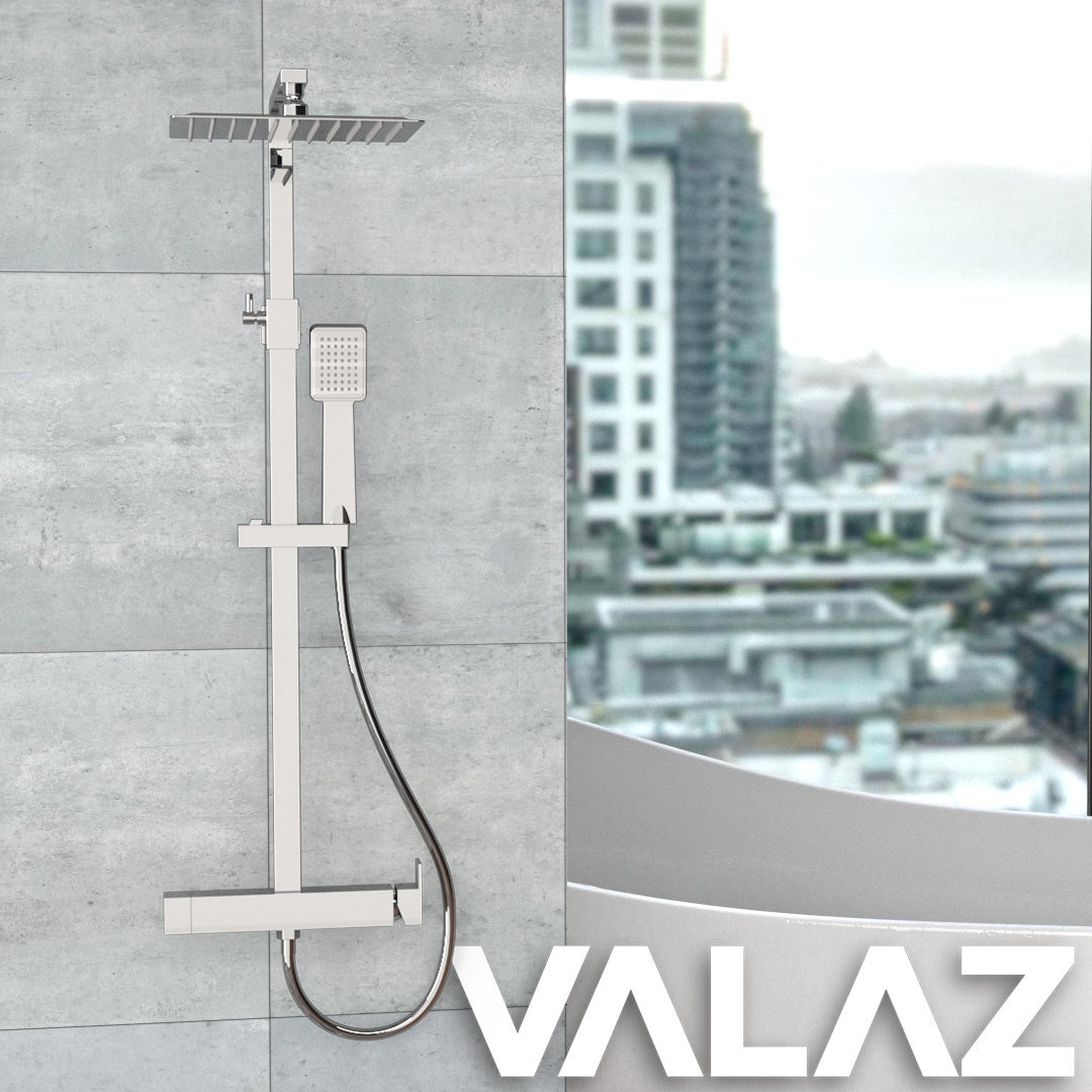 Valaz Barra de ducha monomando cuadrada ajustable hasta 120CM cromada - Serie Segura - 20cm - 5