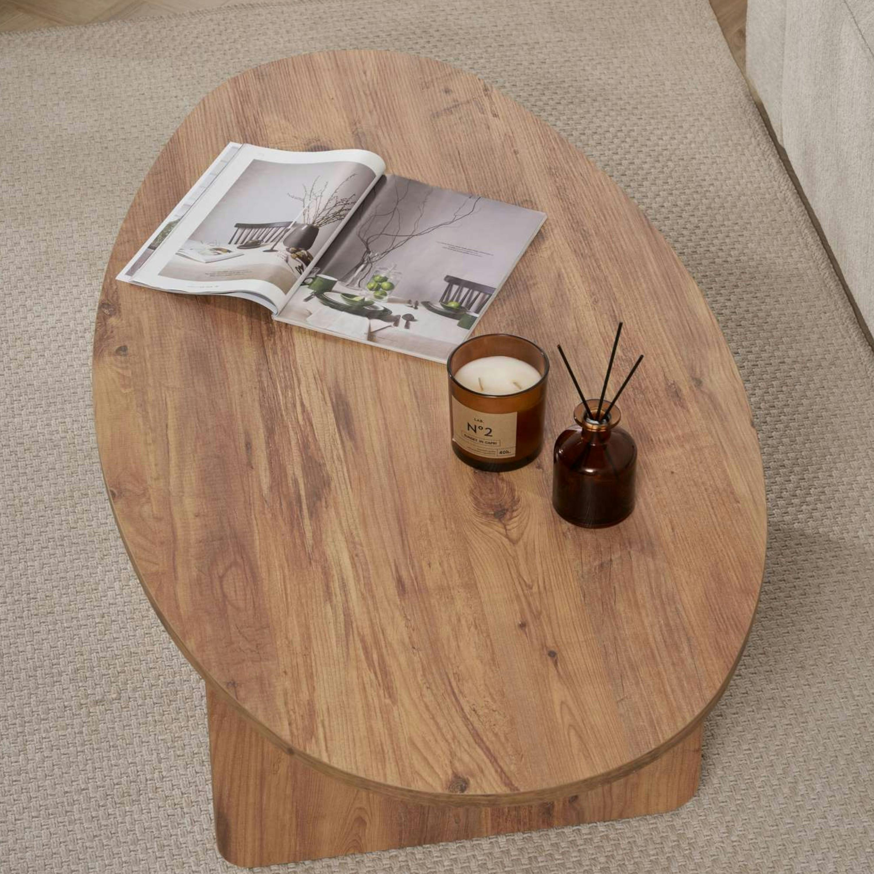 Table basse moderne ovale effet pin – pied en T MARFA - 4