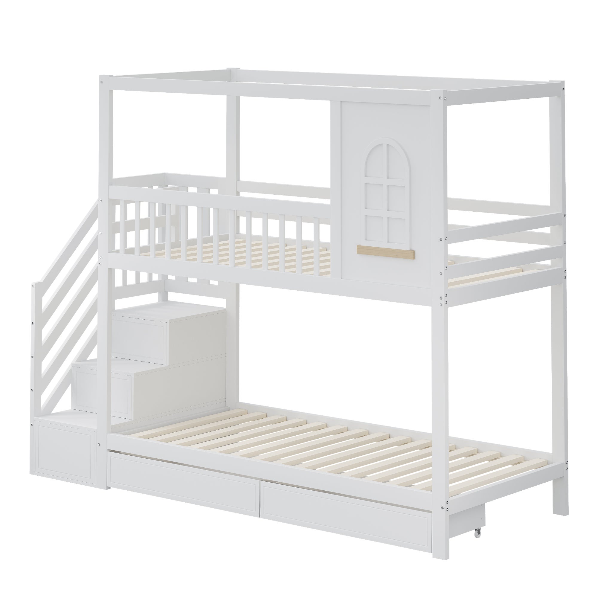 Lit Superposé Enfant Maison 90 x 200 cm, Lit Mezzanine avec Fenêtres et tiroirs, lit Enfants avec sommier à lattes, blanc (sans matelas) - 6