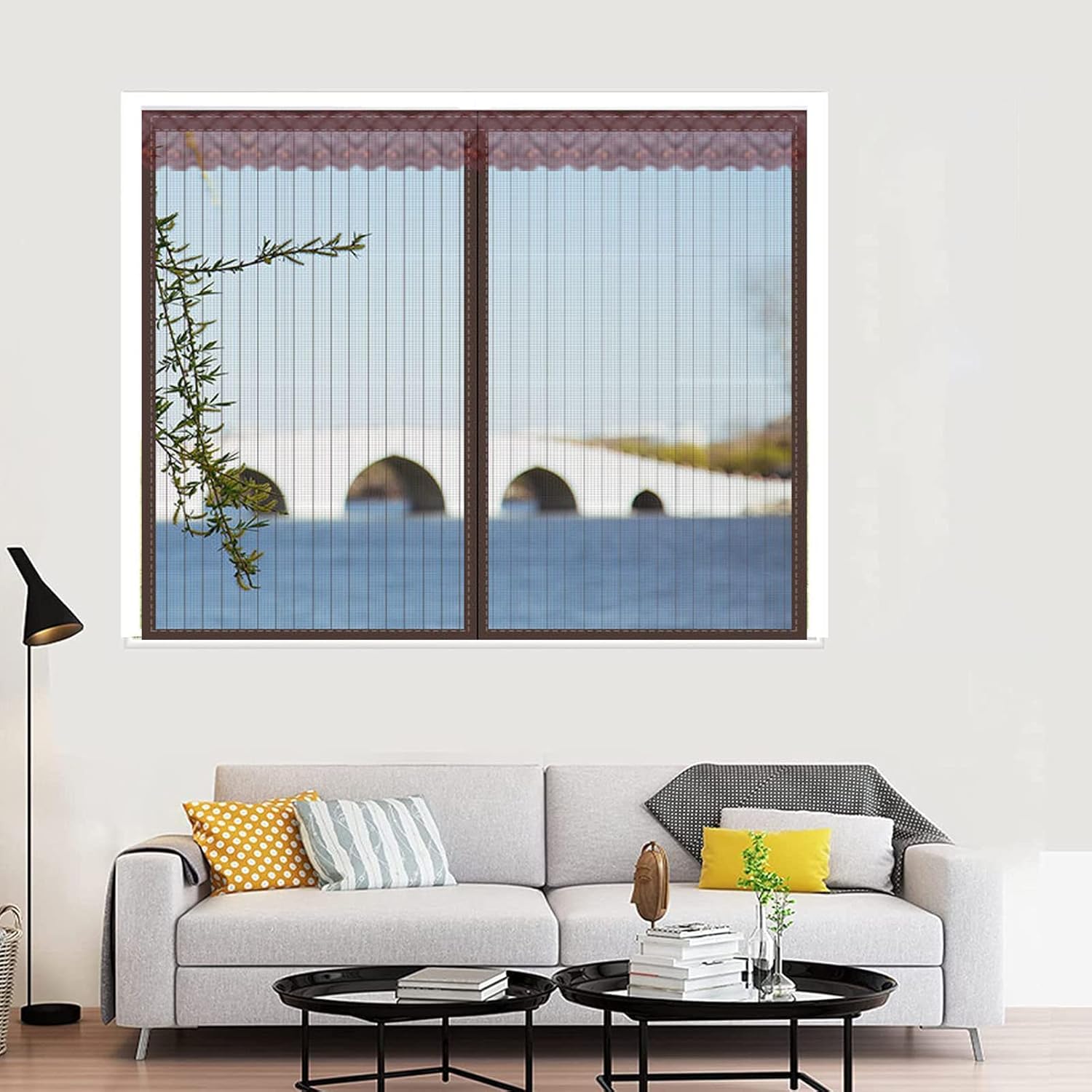 Moskitiera magnetyczna, zamykana automatycznie, nie wymaga wiercenia, odpowiednia do drzwi balkonowych i okien, brązowa (80x100cm) - 4