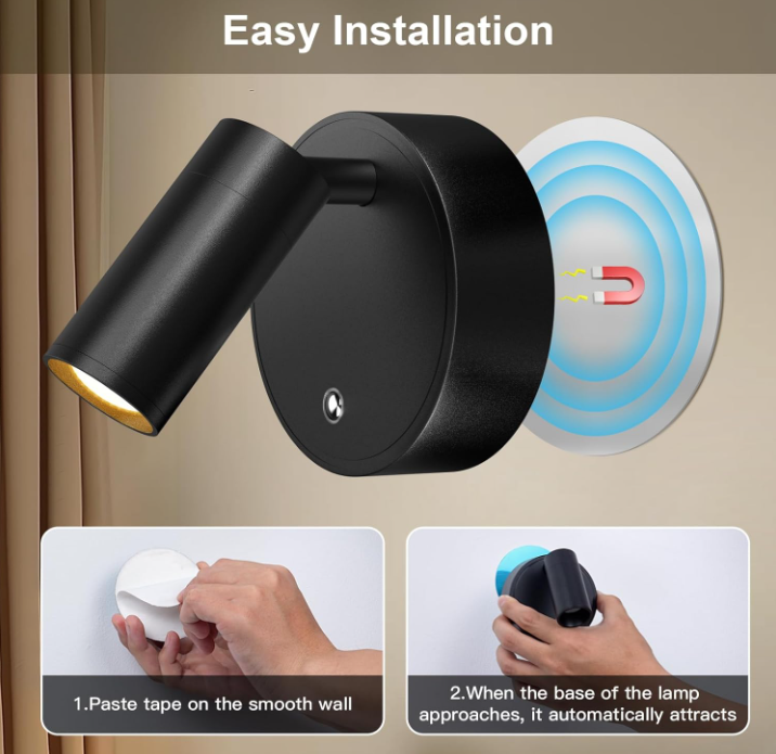 Lámpara de pared táctil regulable, foco magnético inalámbrico, rotación de 350°, recargable, ideal para cocina y dormitorio (negro) - 4