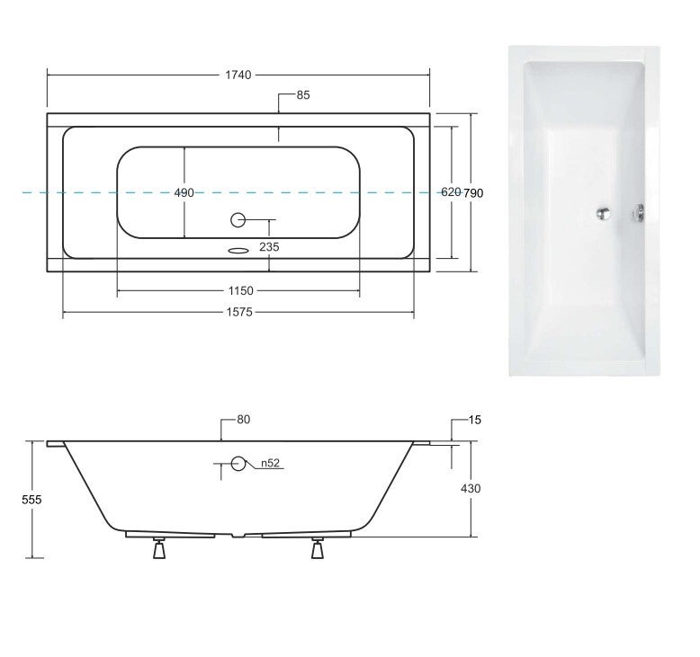 Baignoire rectangulaire à encastrer de 180 x 80 cm - BLANC - avec Repose Tête OFFERT - QUADRO SLIM - 4