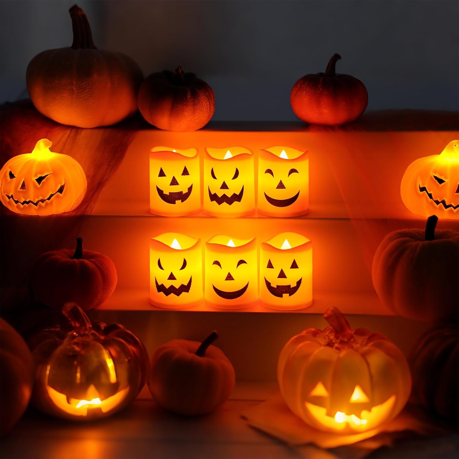 Lot de 6 Bougies LED Halloween – Bougies Citrouille Sans Flamme avec 3 Visages Différents, Fonctionnement à Piles, Décoration de Table pour Maison - 7