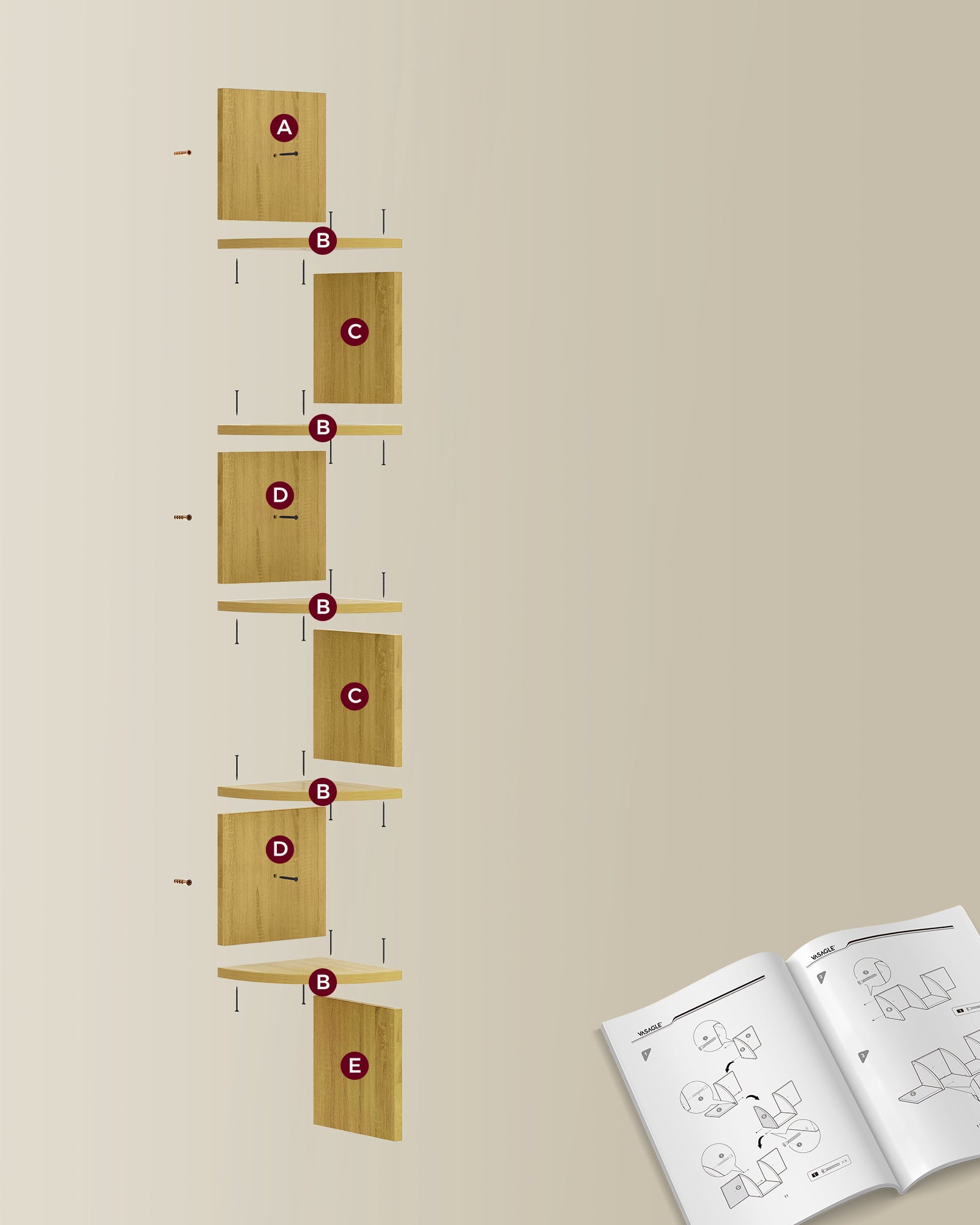 Librería esquinera, estantería esquinera de Pared, estantería de Pared con 5 estantes, para Dormitorio, salón, baño, Roble Natural - 5