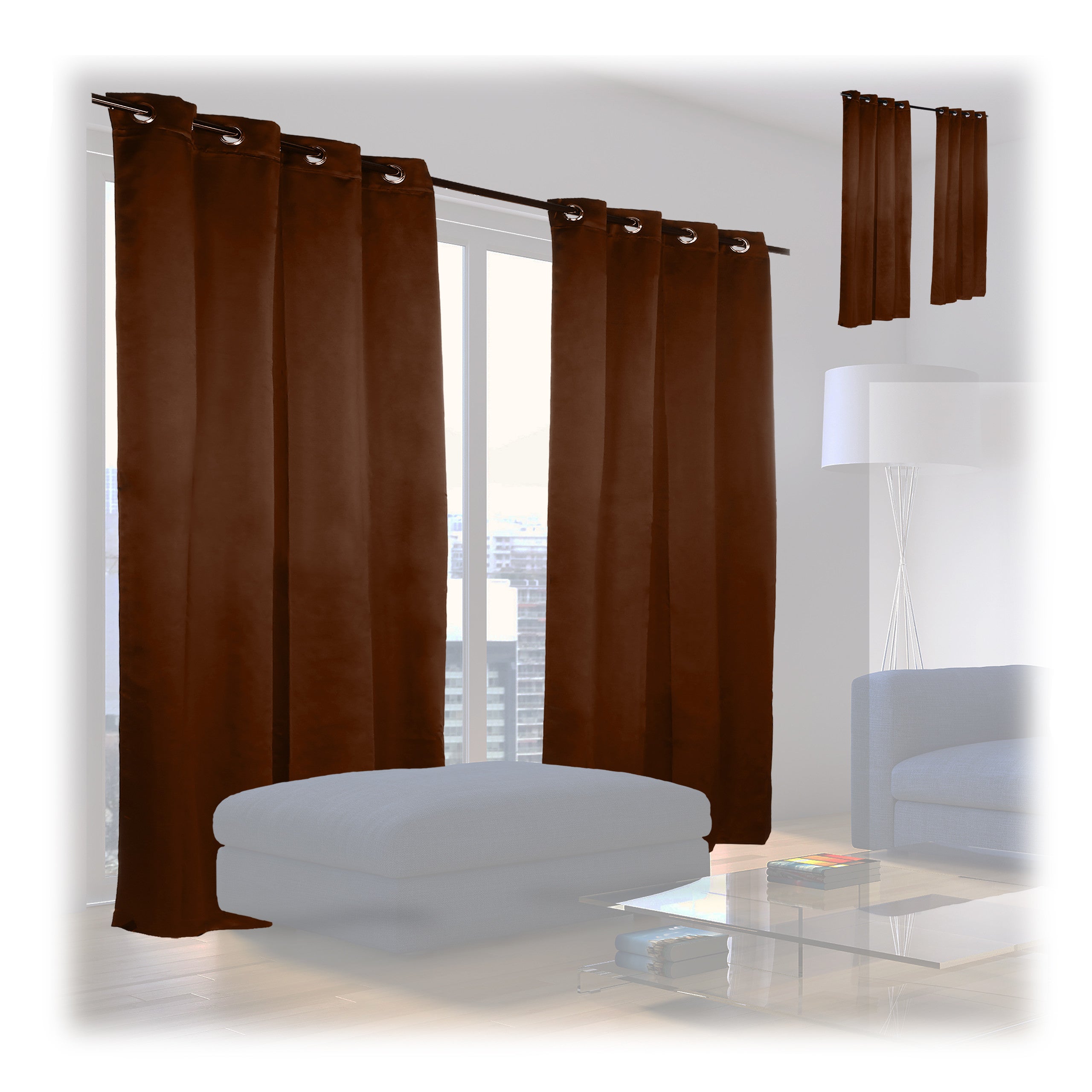 Set 4 cortinas opacas oscuras con ojales, modernas, dormitorio o salón, poliéster, 245x135x0,5 cm, marrón chocolate