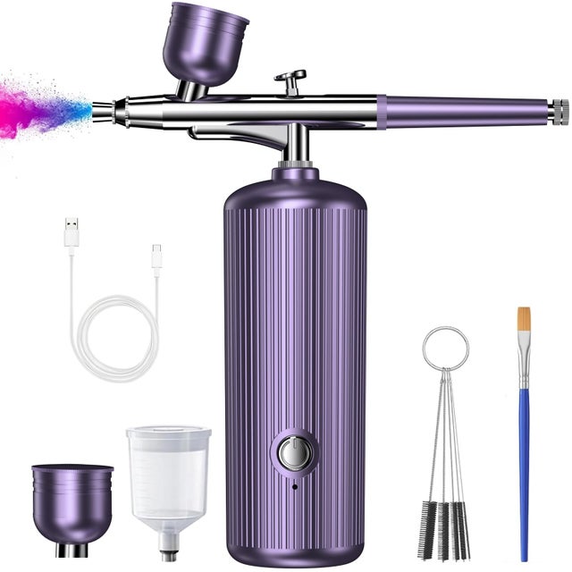 Kit aérographe portable,Pistolet à peinture rechargeable anti-haute pression avec buse et brosse de nettoyage pour nail art,maquillage, gâteaux,violet