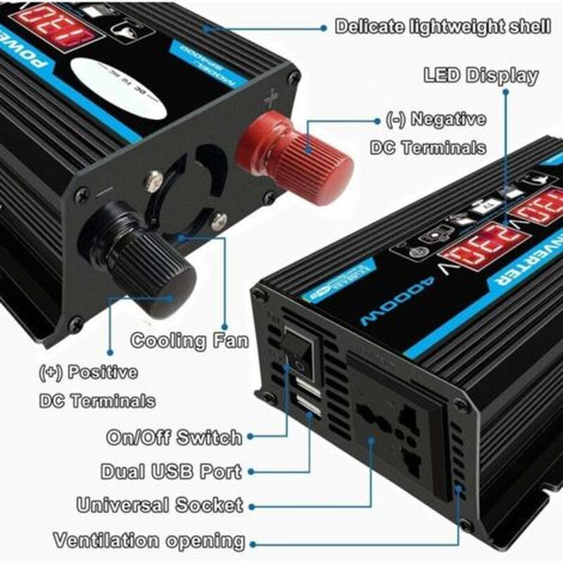 Convertisseur de tension 12V 220V 4000W – Pur sinus – Protection surcharge et surchauffe – Idéal pour camping et voyages - 2