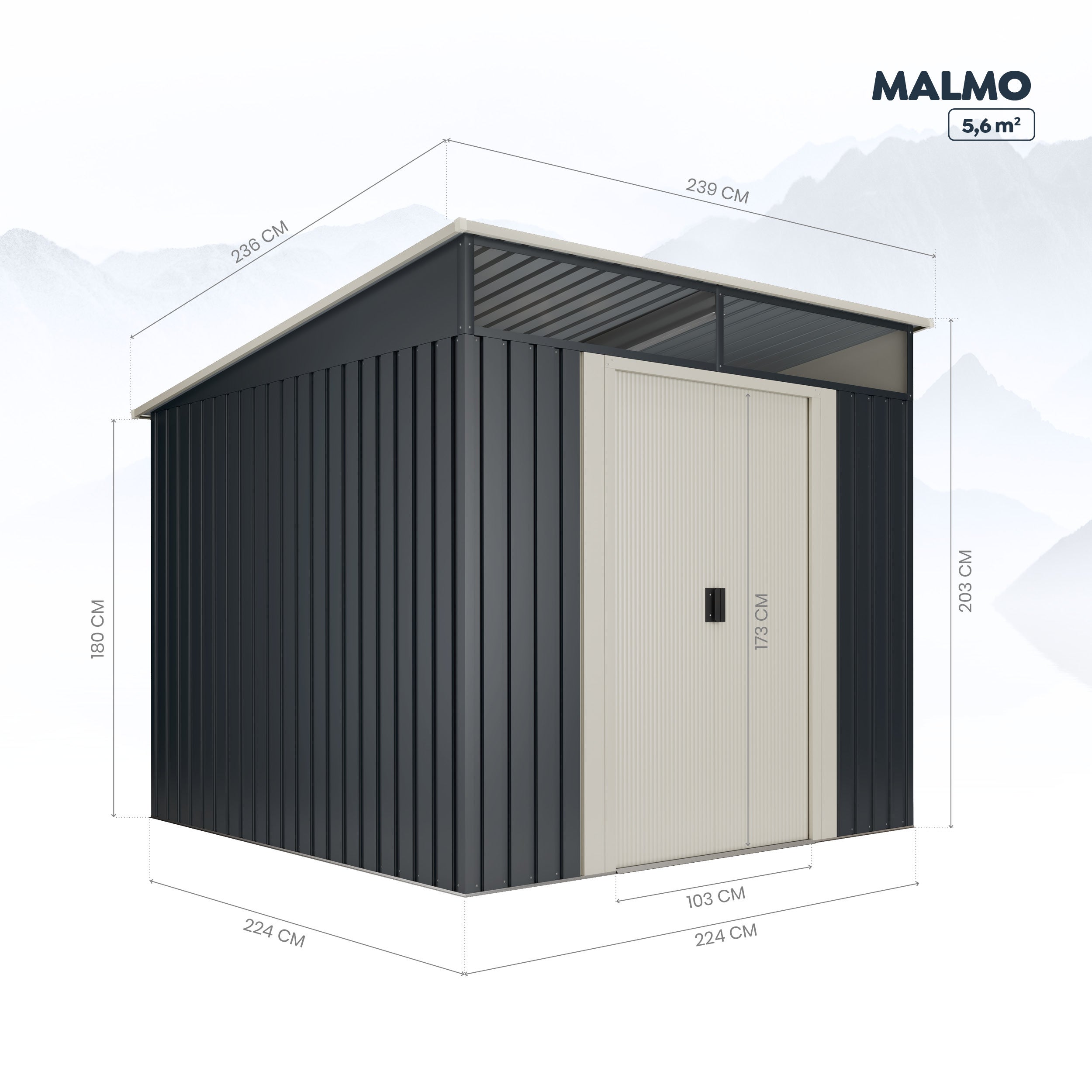 Abri De Jardin En Métal Malmo 5.6 M2 - Garantie 15 Ans - 236x238x203cm. Remise Métal - 2