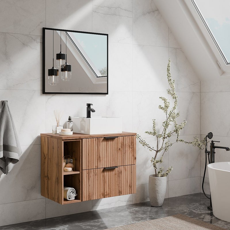 Szafka pod umywalkę wisząca ryflowana z wnękami - Naturalny jasny - szer. 80 cm - ZEVARA