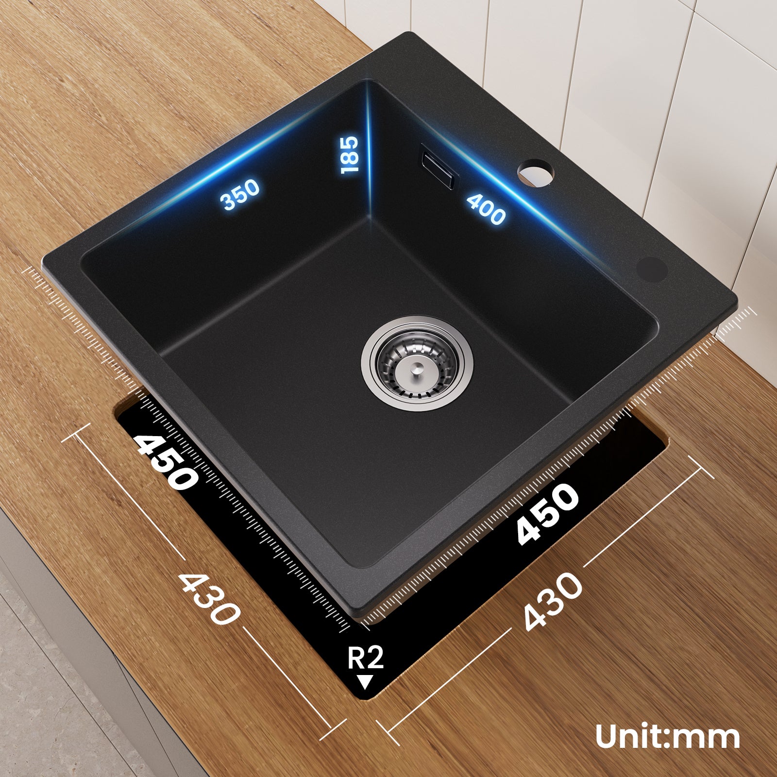 Cecipa max 45x45cm Evier Quartz Noir Evier 1 Bac en Quartz et Résine + Noir Mitigeur Cuisine avec Douchette Extractible 2 Modes de pulvérisat - 4