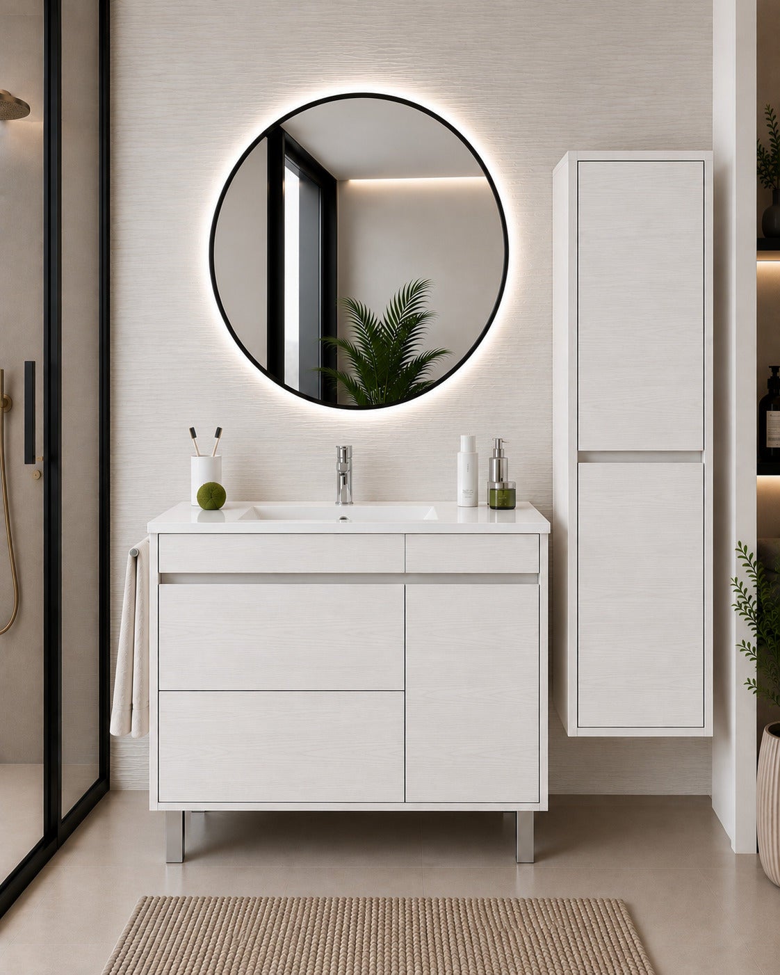 Mobilier de baie cu lavoar ORIGENBATH CAPRERA fără oglindă 90x40 cm alb nordic cu coloană