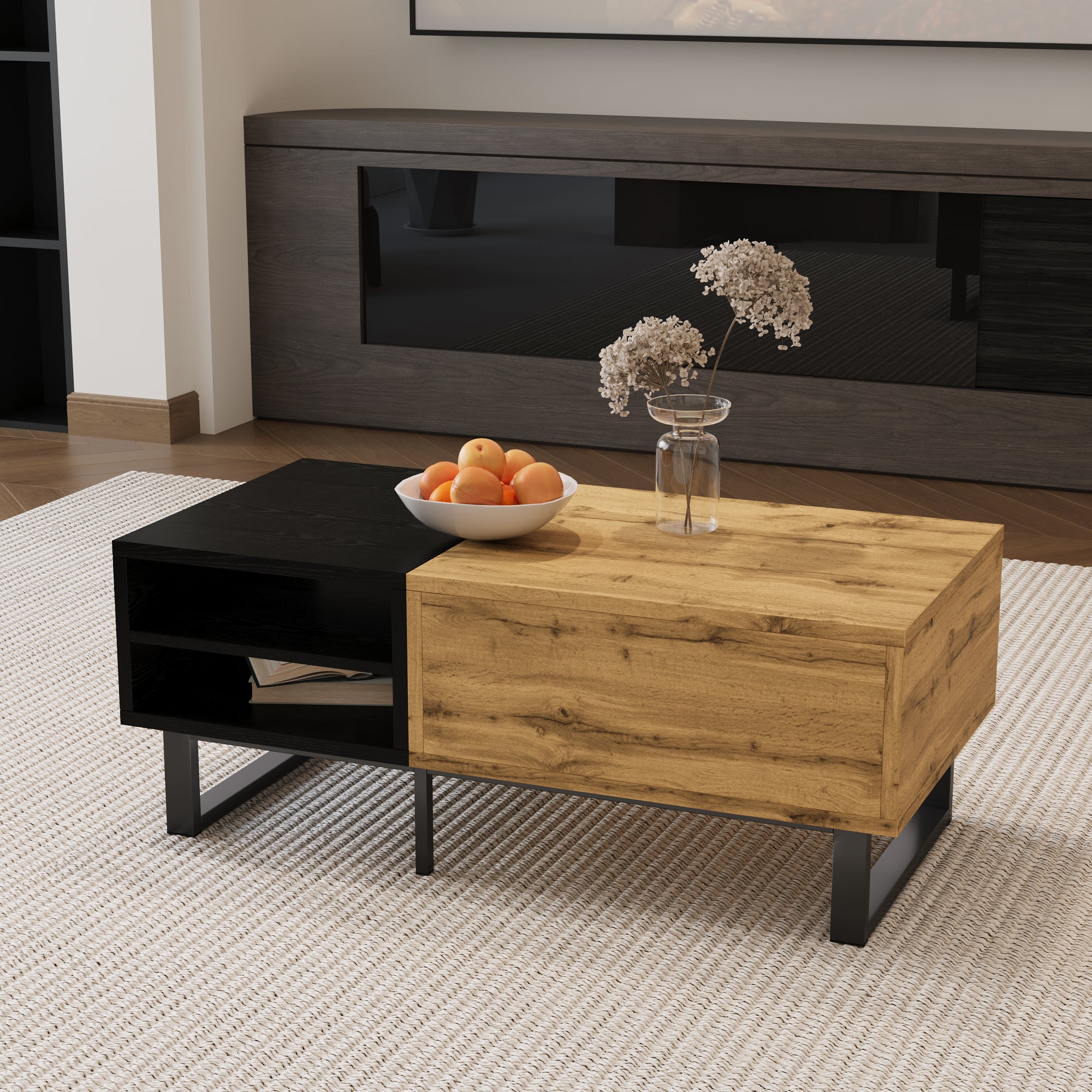 Table basse, table de salon avec structure color block, avec compartiments et tiroirs, pieds en métal. - 9