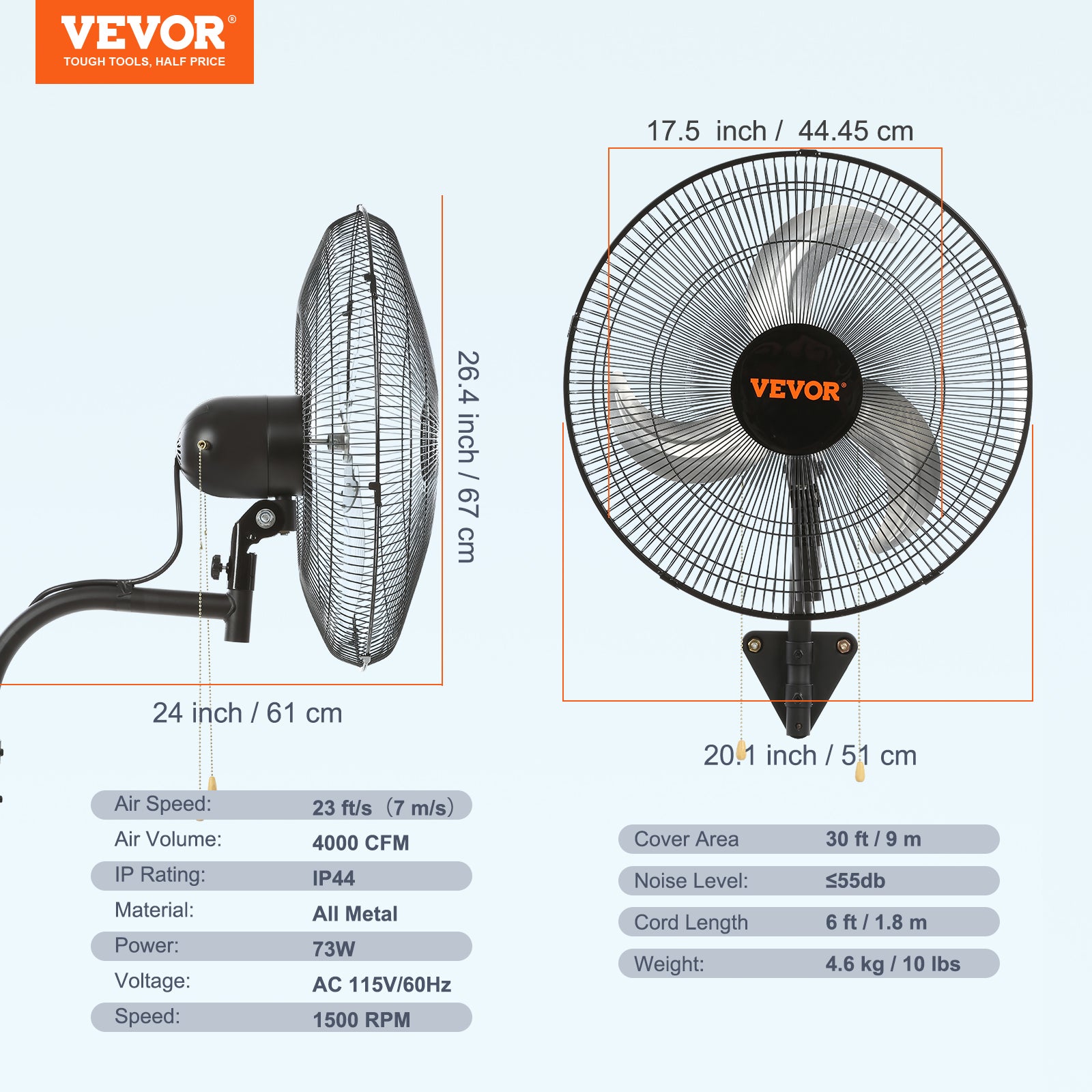 Ventilateur mural industriel, 44,45 cm, ventilateur mural oscillant 4000 CFM, 3 vitesses, ventilateur commercial résidentiel pour serre, noir VEVOR - 7