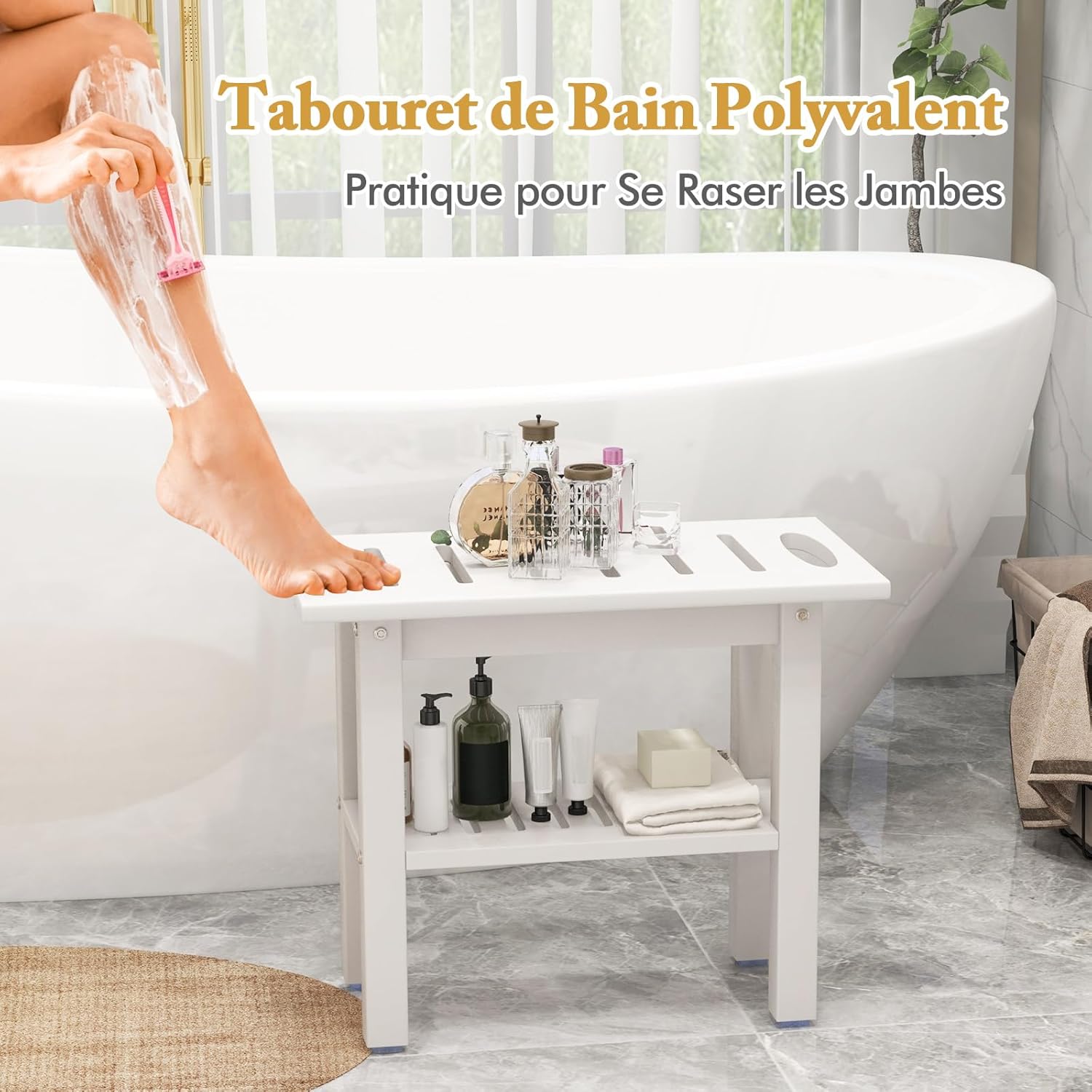 Tabouret Salle de Bain, Banc de Douche à 2 Niveaux en HDPE, Support de Douche, Poignée, Patins Antidérapants, 55 × 30 × 45 cm, Blanc - 6