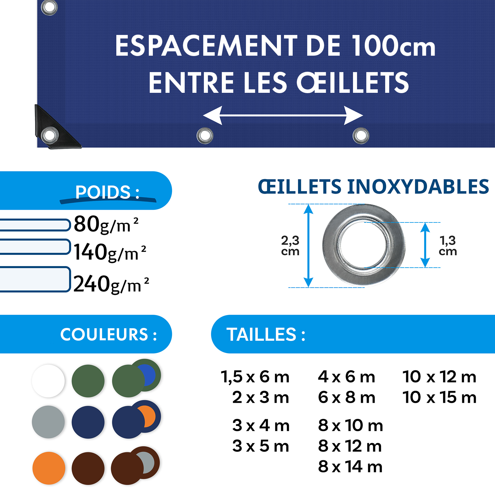 Bâche de protection ultra résistante 240 g/m² Bleu 10 x 15 m - 7