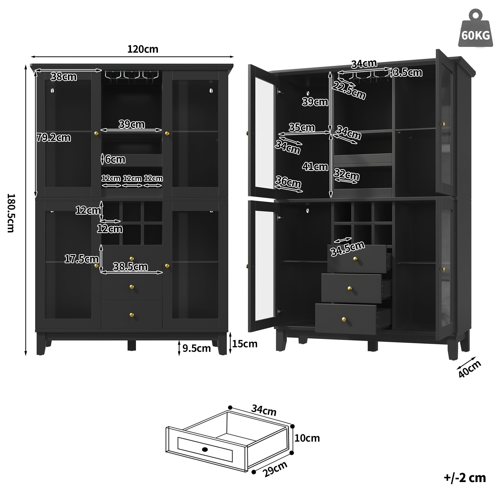 Witryna z 3 szufladami, półką na butelki i 4 drzwiami, komoda - LED - 120 x 40 x 180,5 cm - Płyta MDF, metal i szkło - Kolor czarny - 7