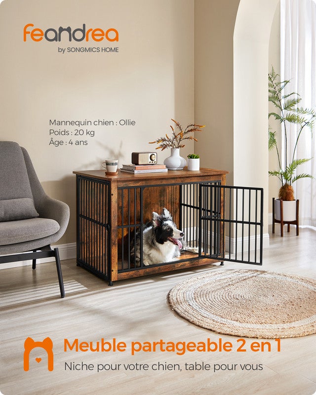 Meuble Cage Pour Chien, Table d'Appoint, Niche Moderne pour Chiens jusqu’à 32 kg, Maison de Chien à Double Porte, Marron Rustique - 2