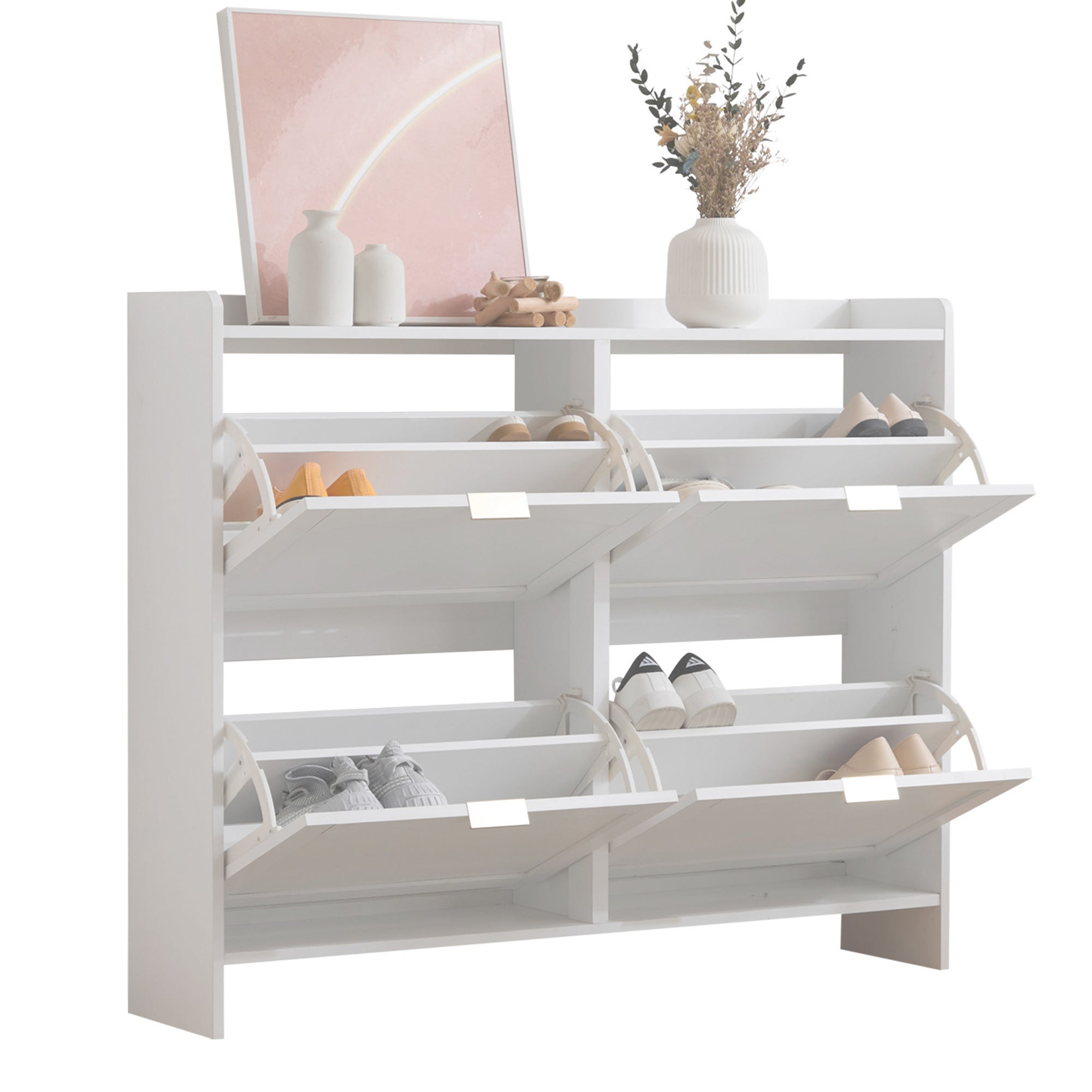 Meuble à chaussures avec 4 portes à rabat - 110 x 24 x 90 cm - Panneau de particules - Blanc - 9