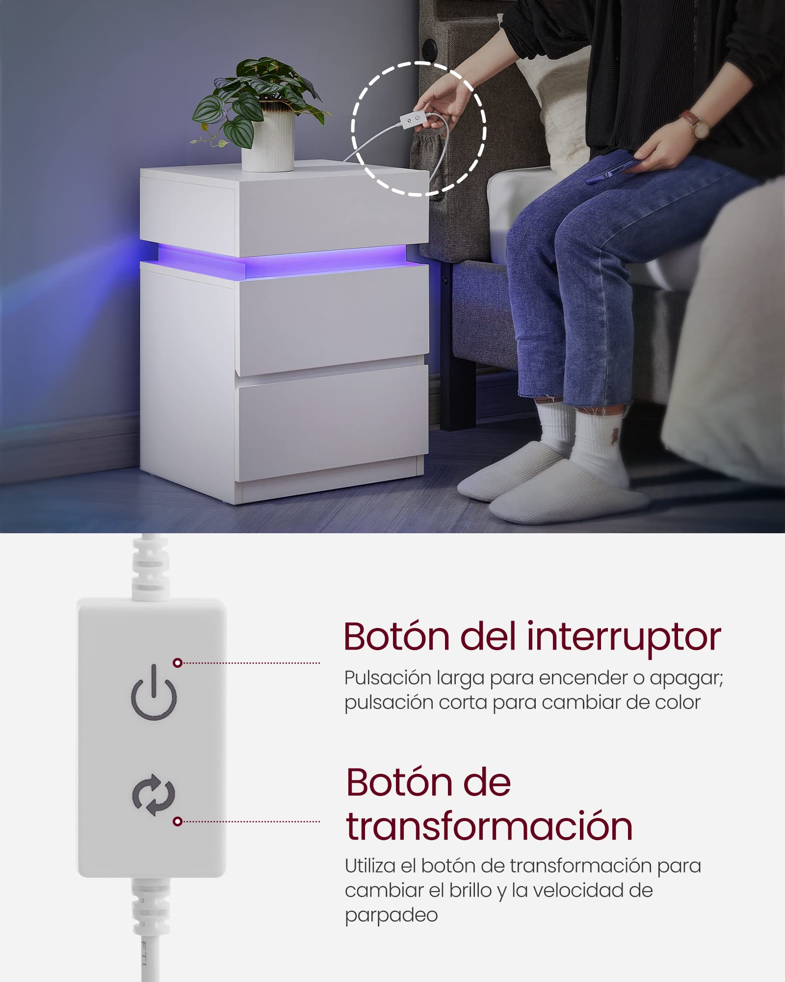 Table de Chevet, avec Bande LED Multicolore Réglable, 3 Tiroirs, Style Moderne, 33,5 x 40 x 55 cm, Blanc - 7