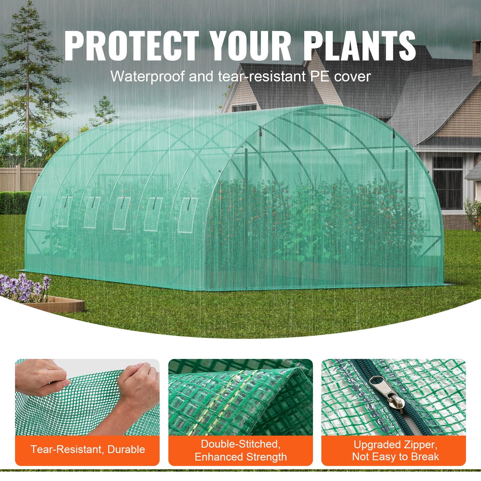 Serre tunnel jardin,VEVOR tente protection des plantes,cadre en acier galvanisé,couverture en PE vert,porte à glissière à enroulement,12 fenêtres - 3
