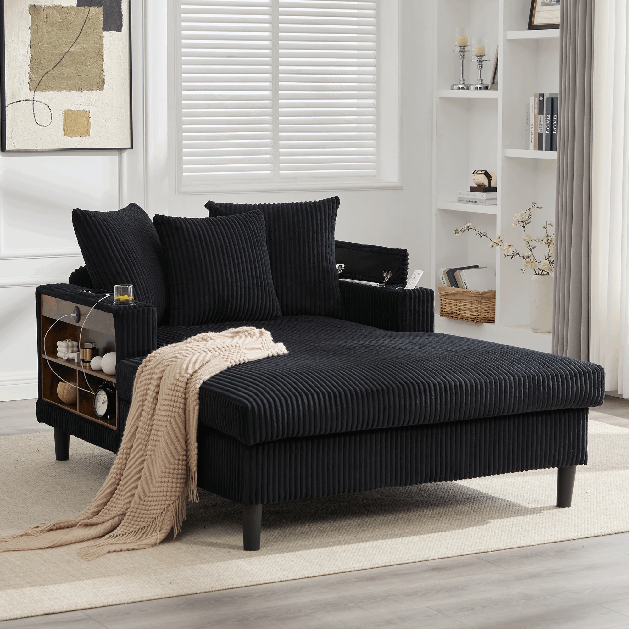Canapé longue multifonction en velours côtelé avec LED port USB porte-gobelets, rangement, poche latérale 3 coussins salon maison - 2