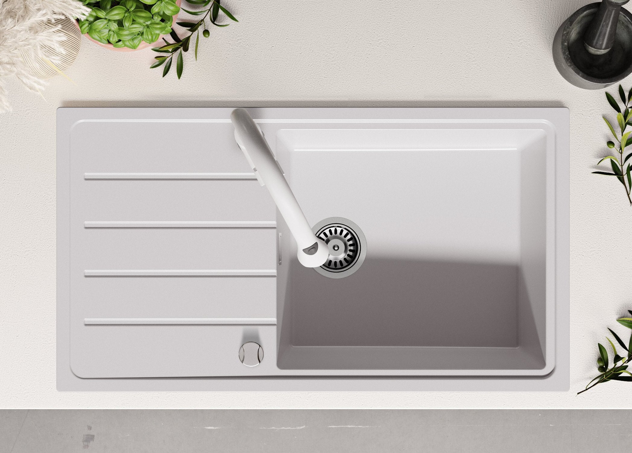 Lavello da Cucina Bianco 90x50cm, Lavandino da Cucina a 1 vasca + Sifone Classico, Lavabo da Cucina Incasso al mobile 60cm - London di Primagran - 9