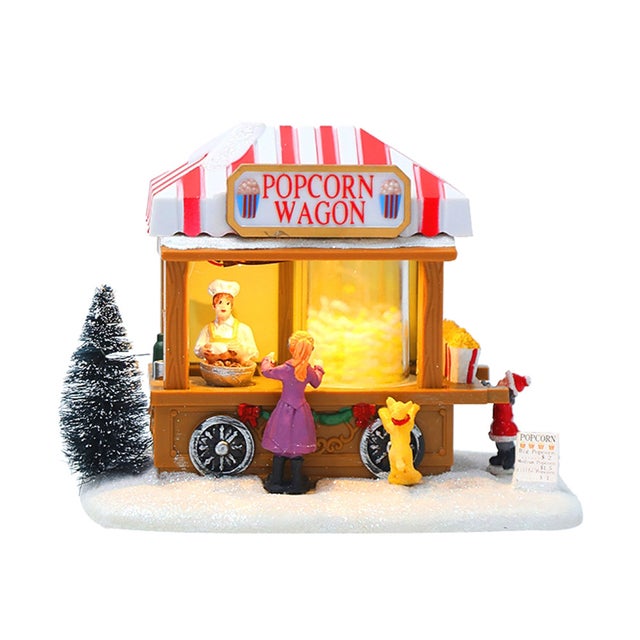 Casa navideña con luces LED, carrito de palomitas de maíz de resina, decoración animada y musical para el pueblo.