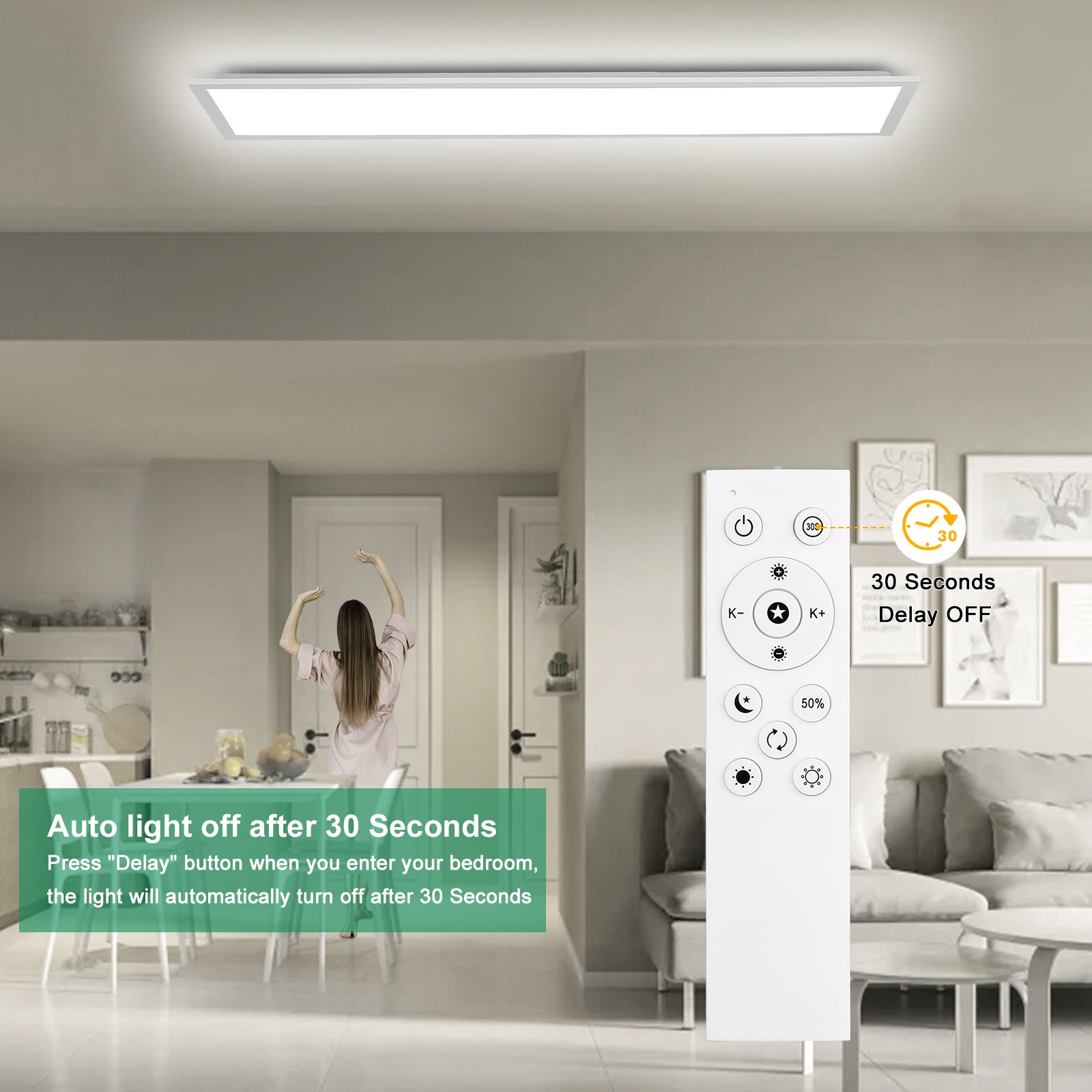 LOVHAUS Pannello LED 120x30CM, Plafoniera LED Da Interno Con Telecomando, Variazione Colori Bianchi E Intensità, Con Funzione Memoria E Timer, Bianco - 7