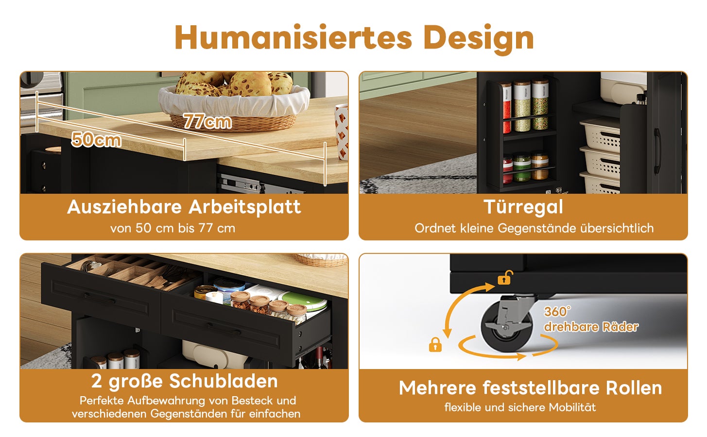 Isola cucina con tavolo bar estensibile - 2 ante, 2 cassetti e 4 scomparti - Porta di ricarica - 120 x 50/77 x 93 cm - MDF - Nero - 8