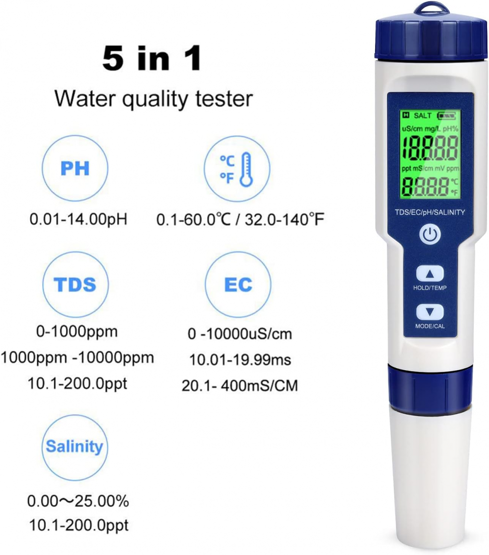 Testeur de pH électronique 5 en 1 avec rétroéclairage, pH/TDS/EC/salinité/température avec ATC, pH-mètre haute précision, résolution 0,01 - 2