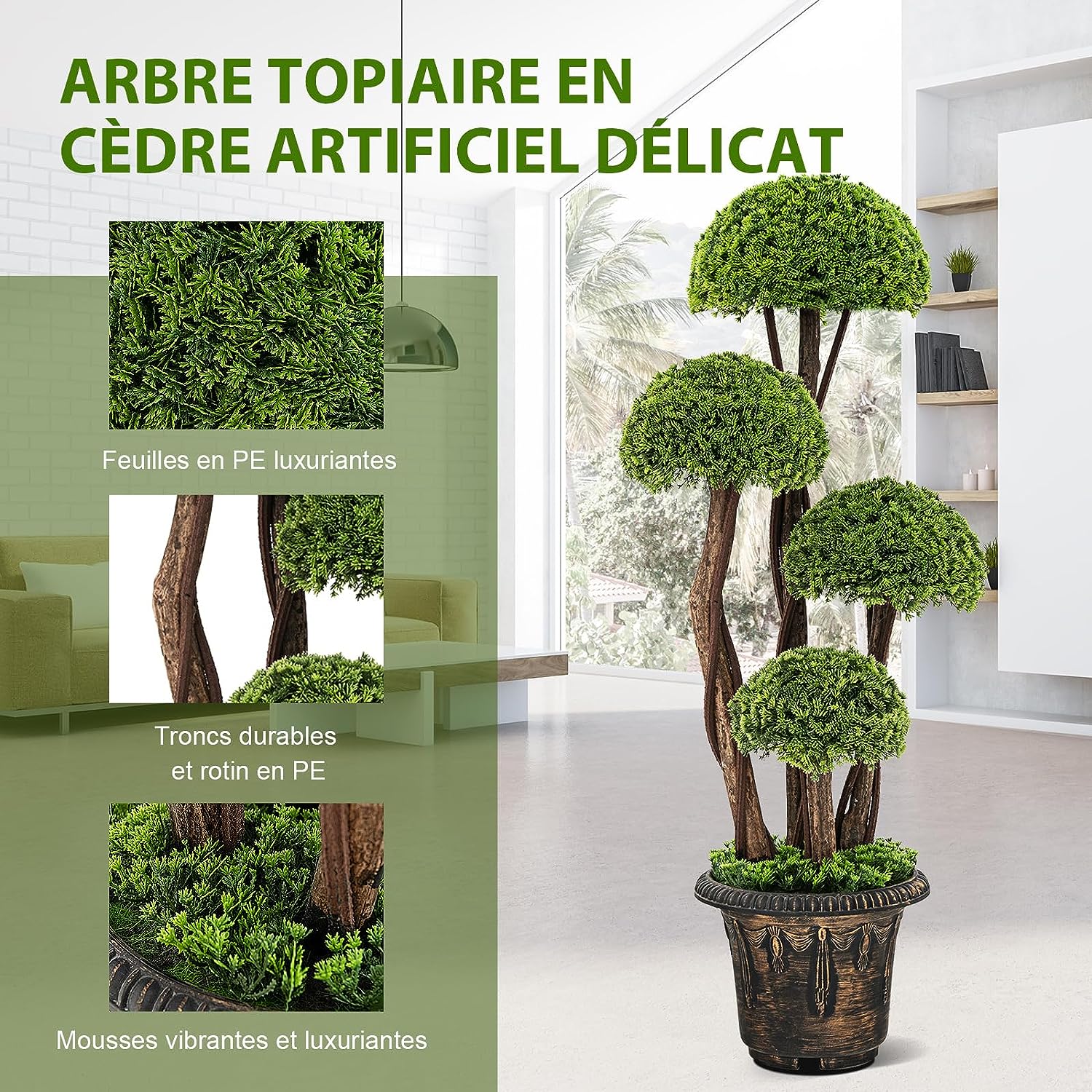 Albero Artificiale 90 CM, Cipresso Finto da Interno ed Esterno con Tronco in Rattan e Vaso Riempito di Cemento, Pianta Artificiale Realistica - 3