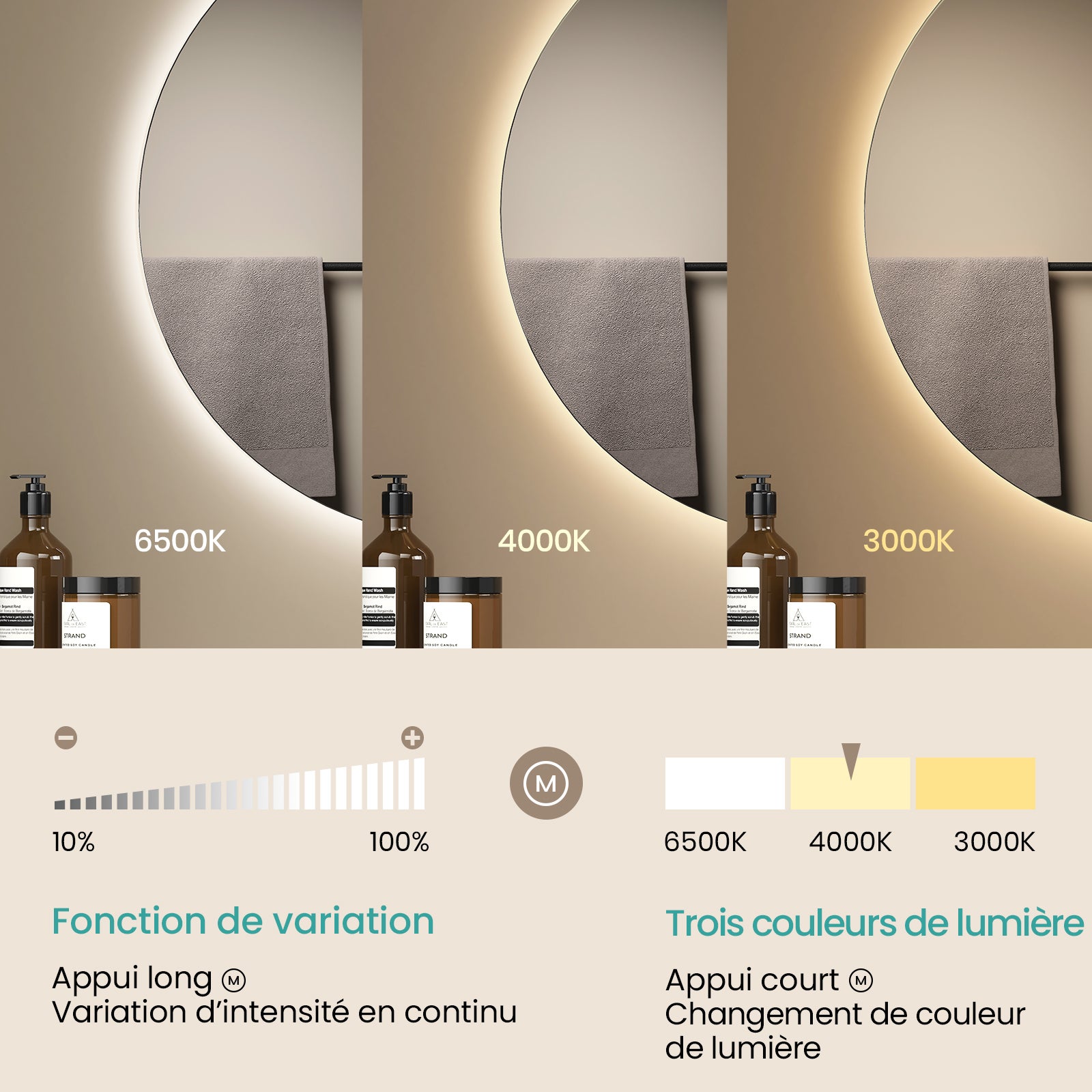 EMKE Miroir de Salle de Bain LED Rond Ø 50 cm, Sans Cadre, 3 Couleurs, Intensité Réglable, Design Épuré - 2