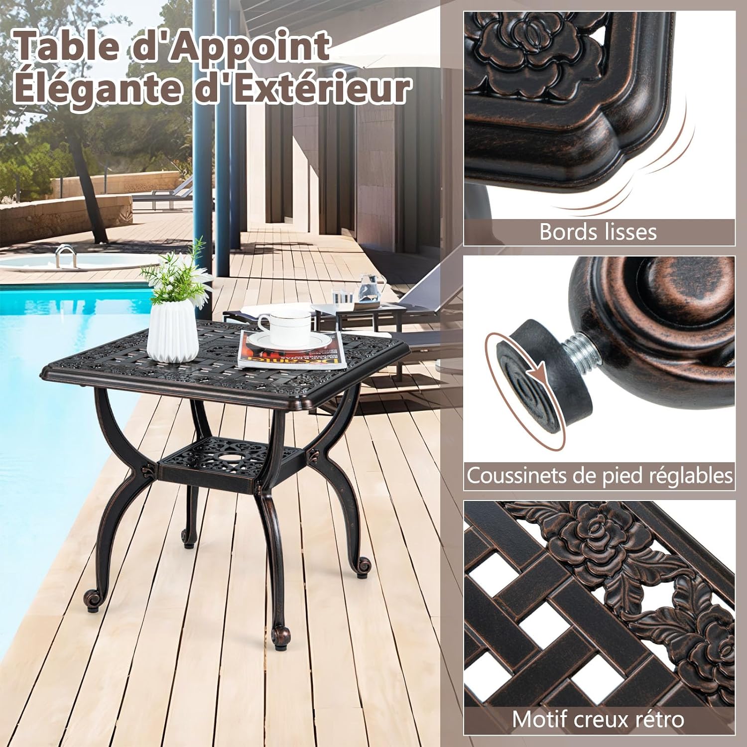 Table de Patio en Fonte d'Aluminium, Table Basse Bistrot Antirouille de 53 cm, Table d'Appoint à Cadre en Métal Robuste, Table d'Appoint - 7
