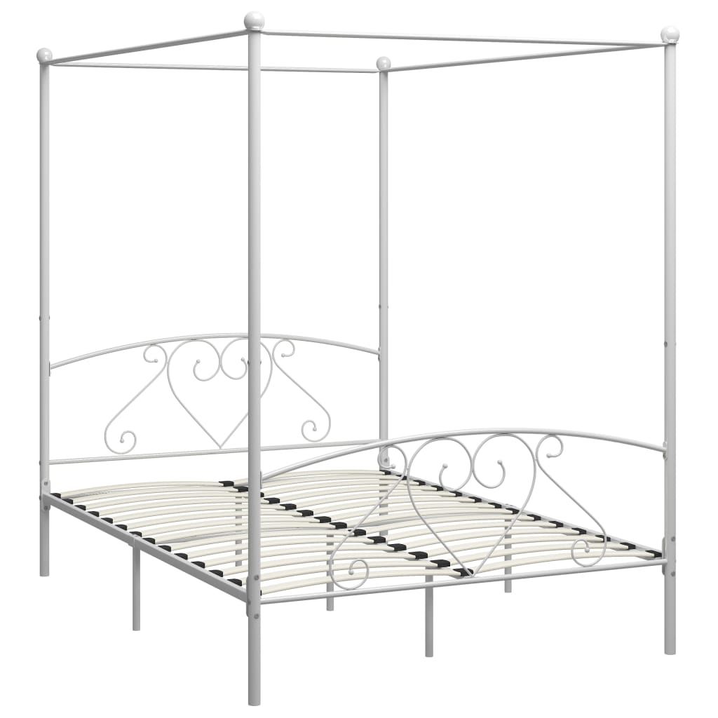 Łóżko Metalowe Białe z Baldachimem Rama Łóżka Ze Stelażem Do Pokoju 140 x 200 cm