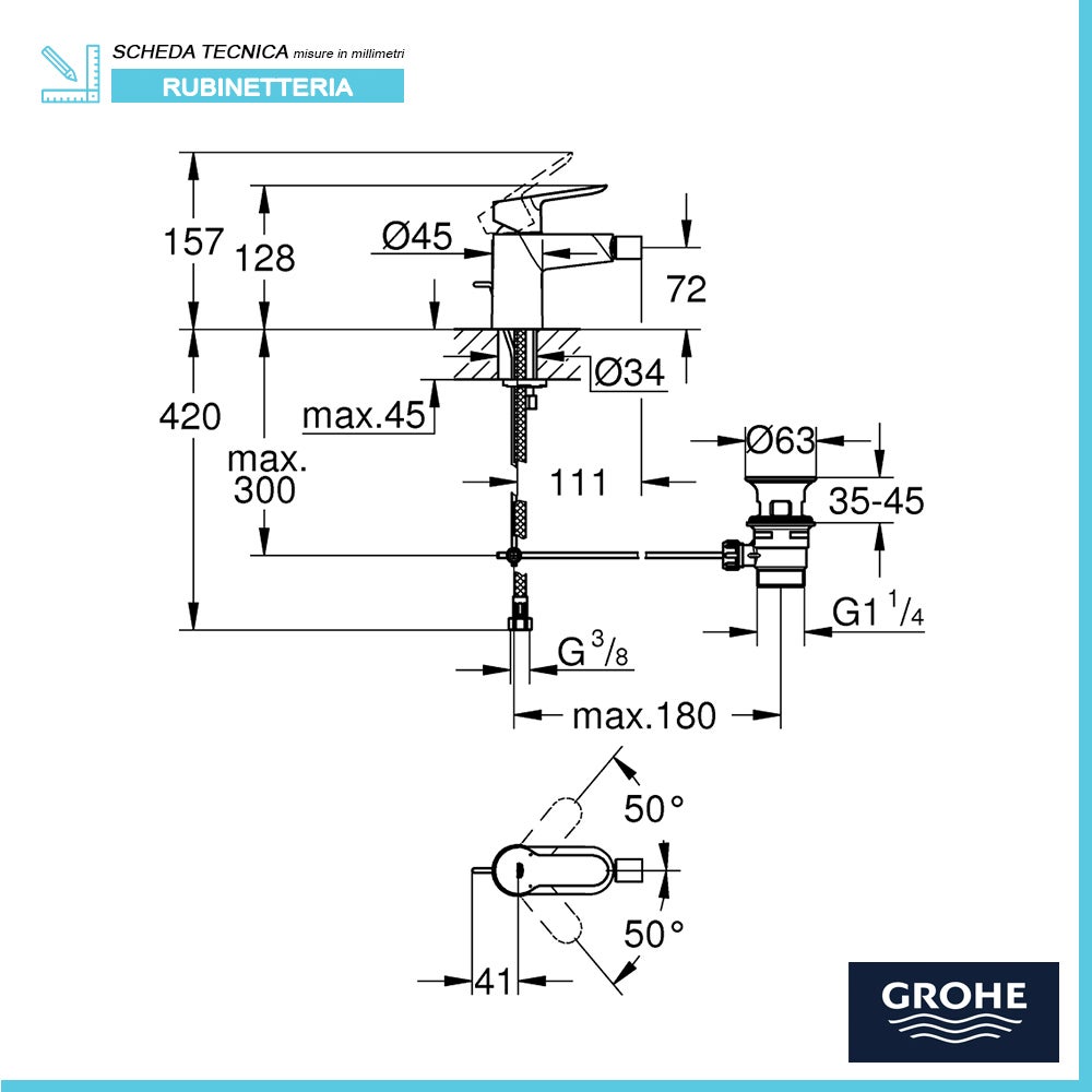 Rubinetto Bidet BauEdge GROHE in Ottone Cromato con Piletta di Scarico - 2