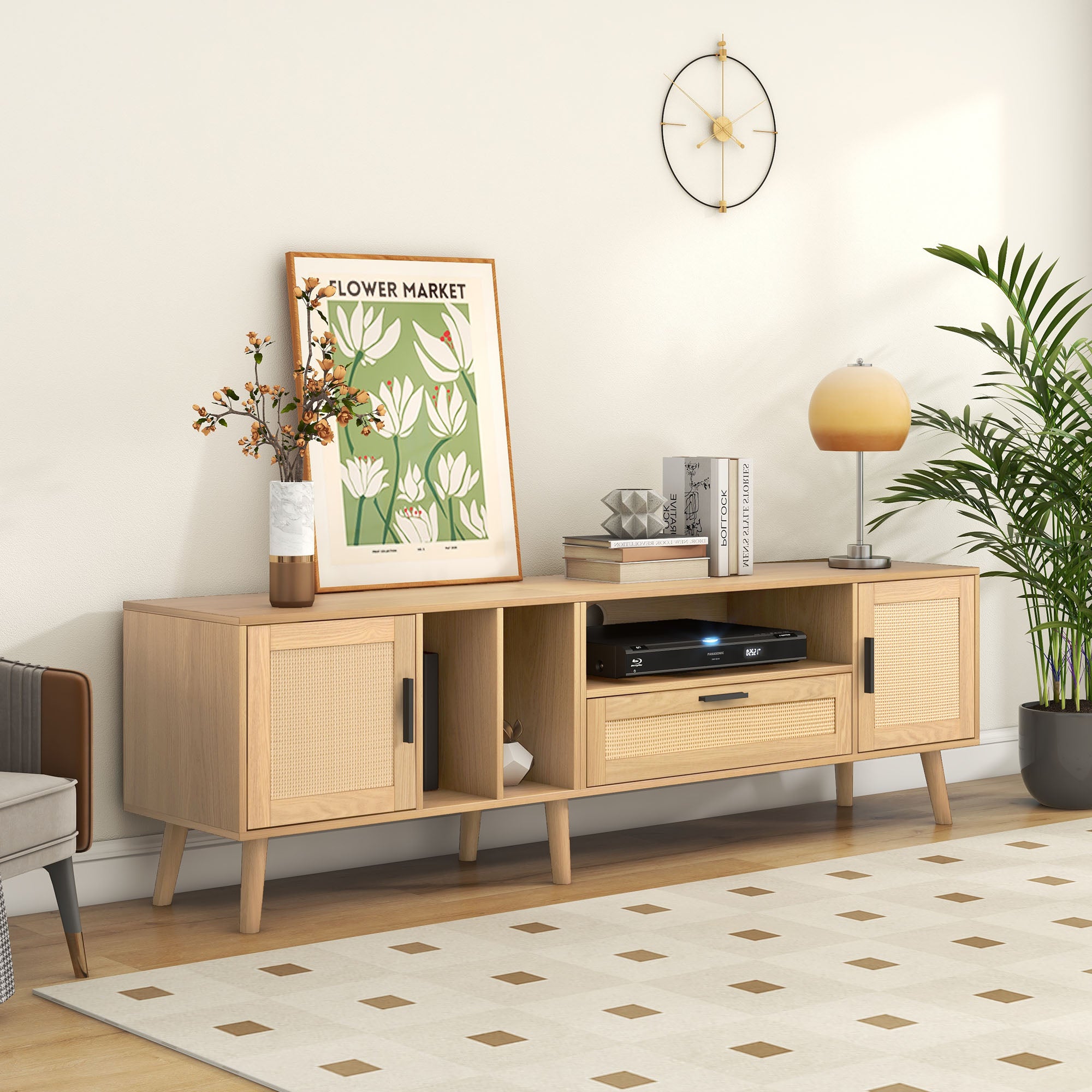 Stojak pod TV 180 cm zdobiony rattanem - 2 drzwi i 1 szuflada - nogi z litego drewna - naturalny - 4